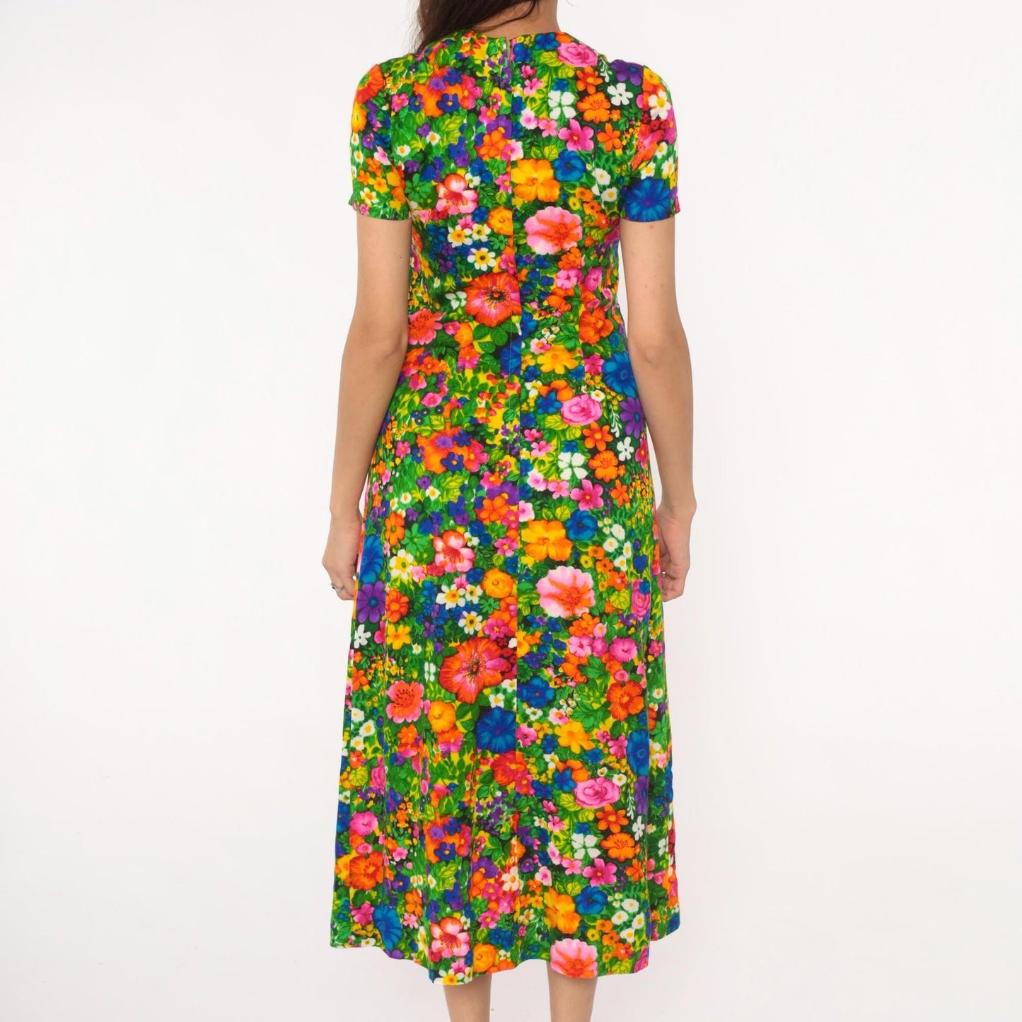 70s Floral Maxi Dress Keyhole Neckline Short Sleeve Cotton Rainbow Small