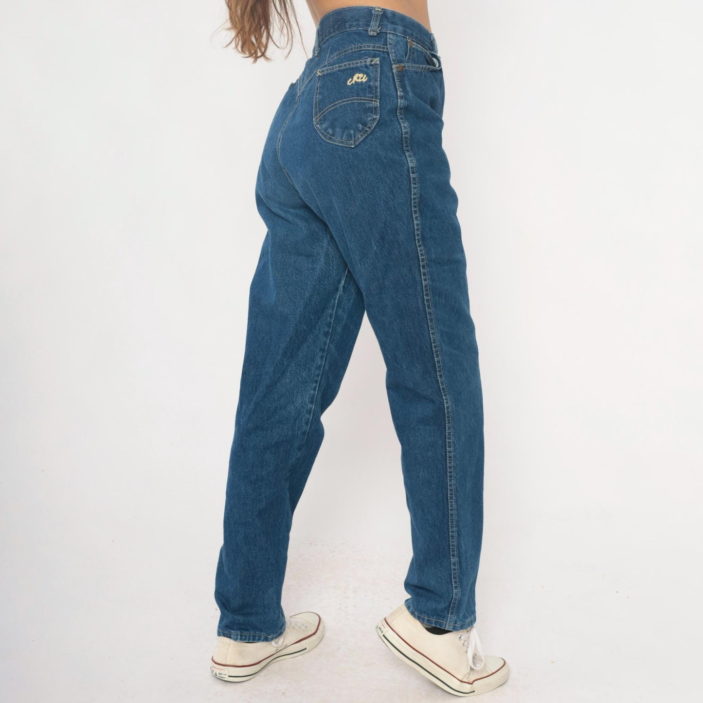 80s High Waisted Straight Leg Jeans Medium Wash Denim Chic Logo Extra Large XL