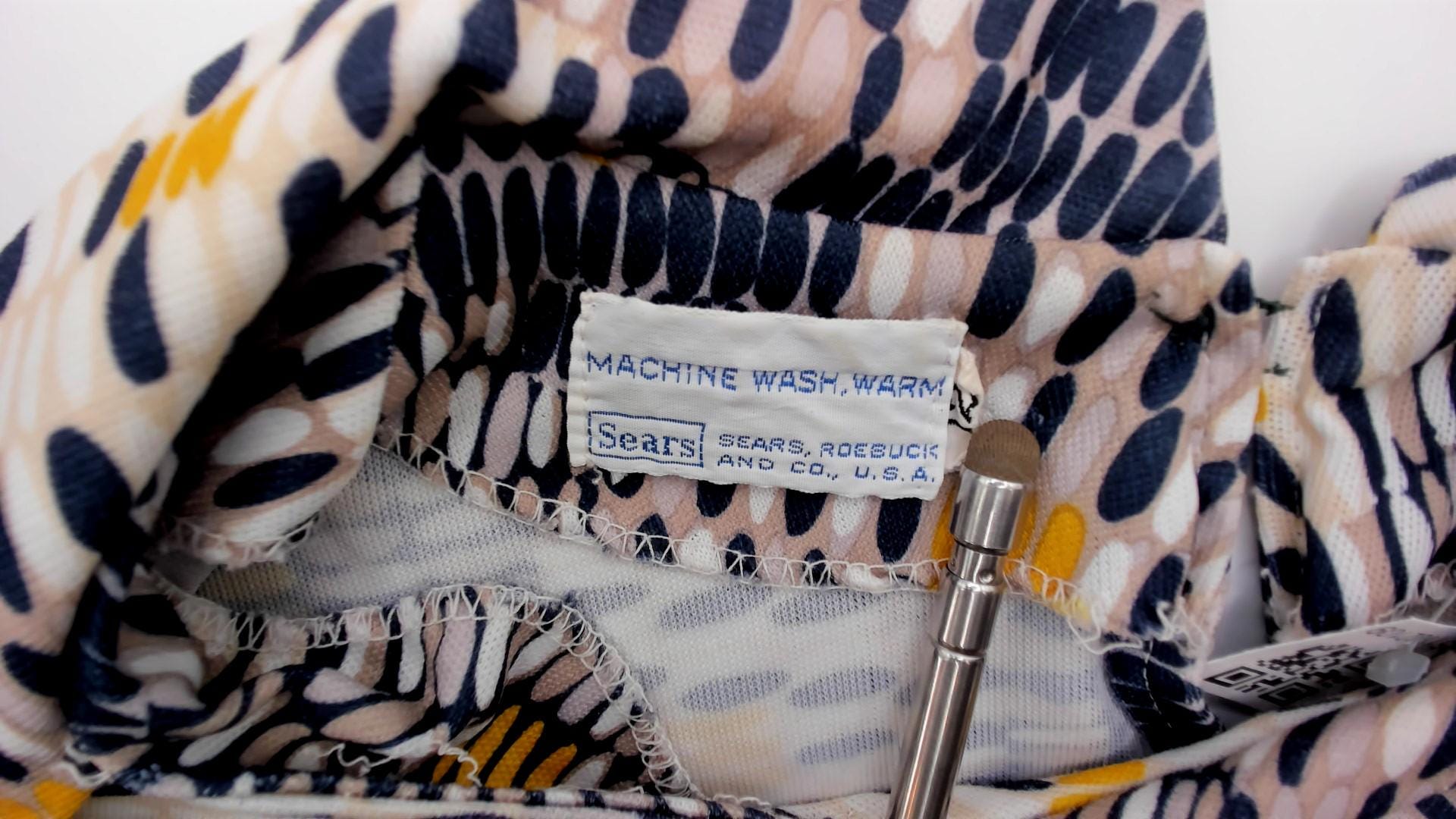 70s Sears Geometric Print Pussy Bow Blouse Navy Mustard Cream Small