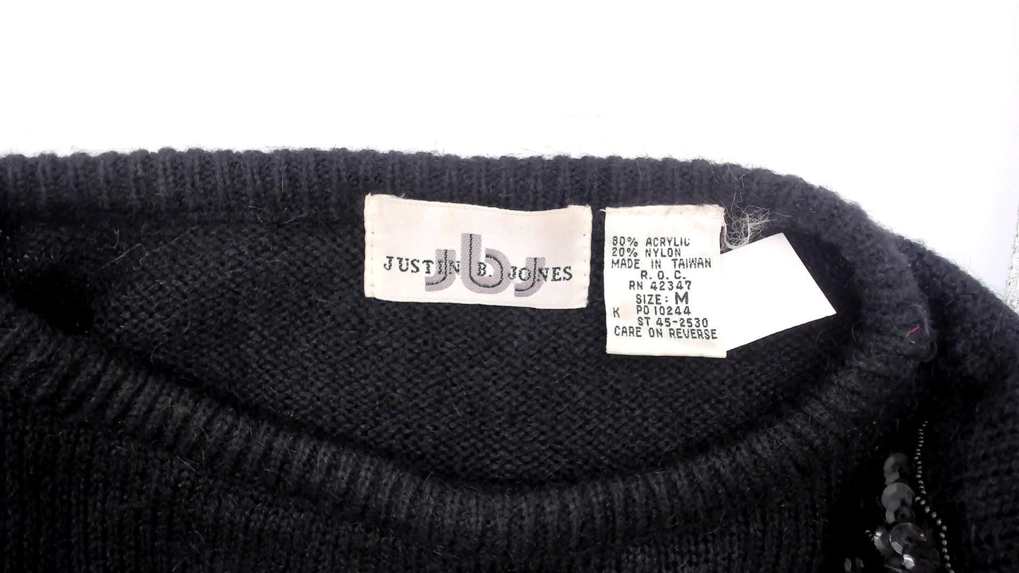 90s Justin B Jones Black Sequin Shoulder Knit Sweater Medium M