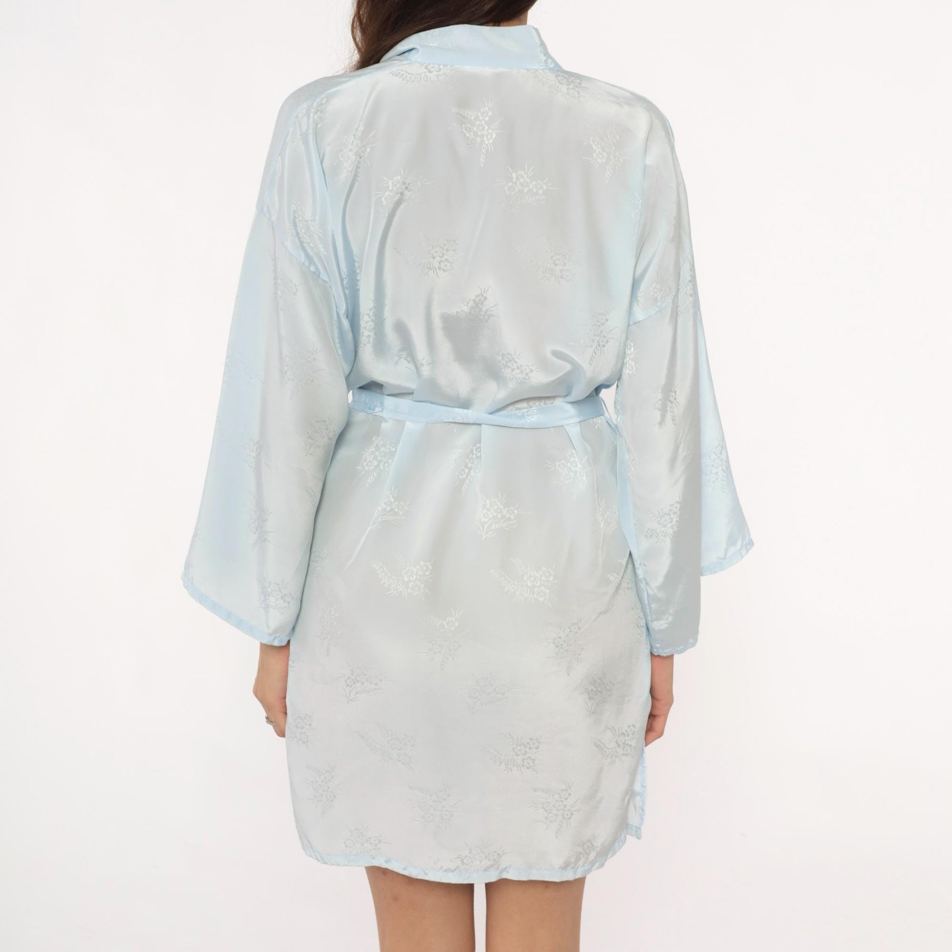 80s Pale Blue Kimono Robe Floral Print Wrap Shawl Collar Medium