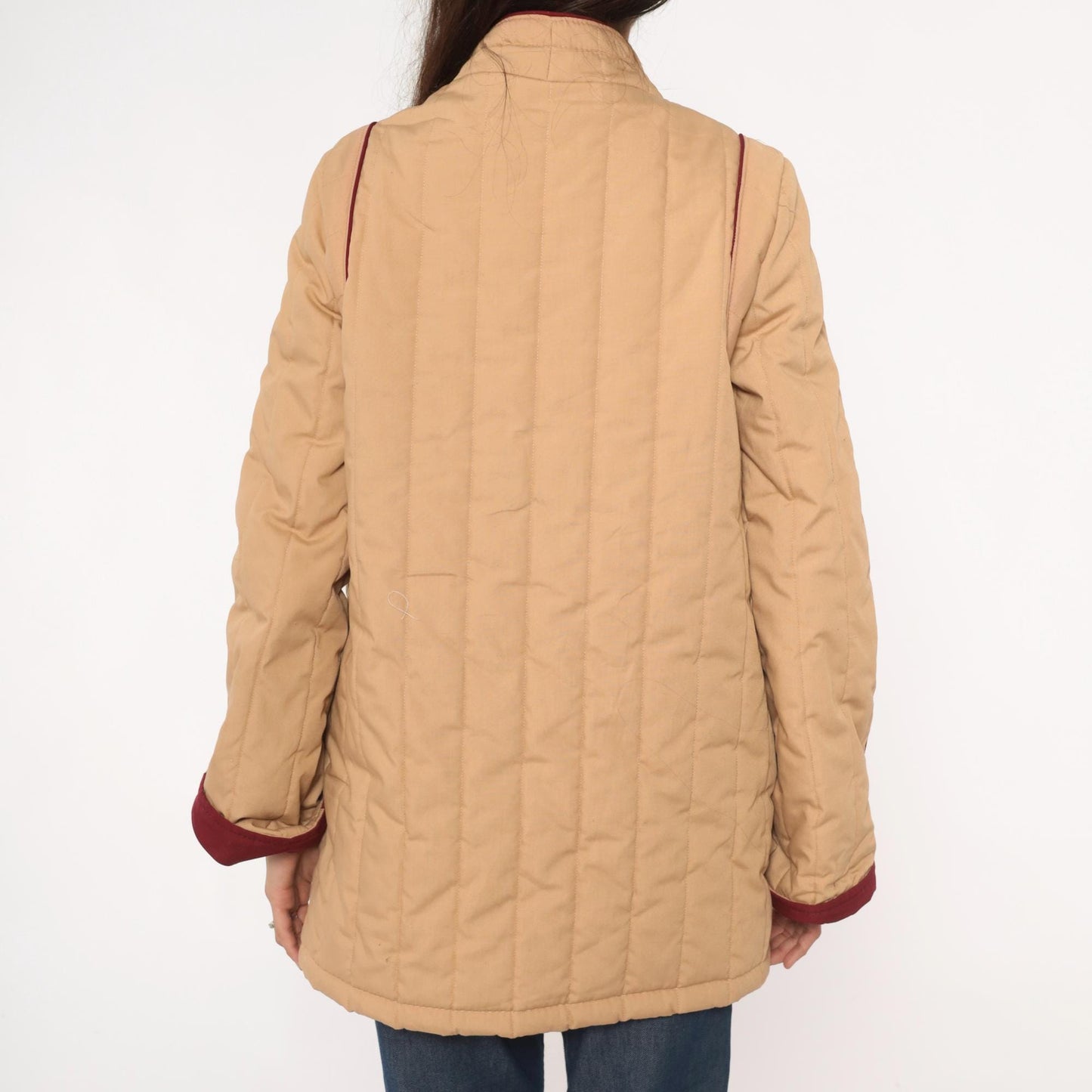 80s Saril Quilted Barn Jacket Tan Burgundy Trim Snap Front Small
