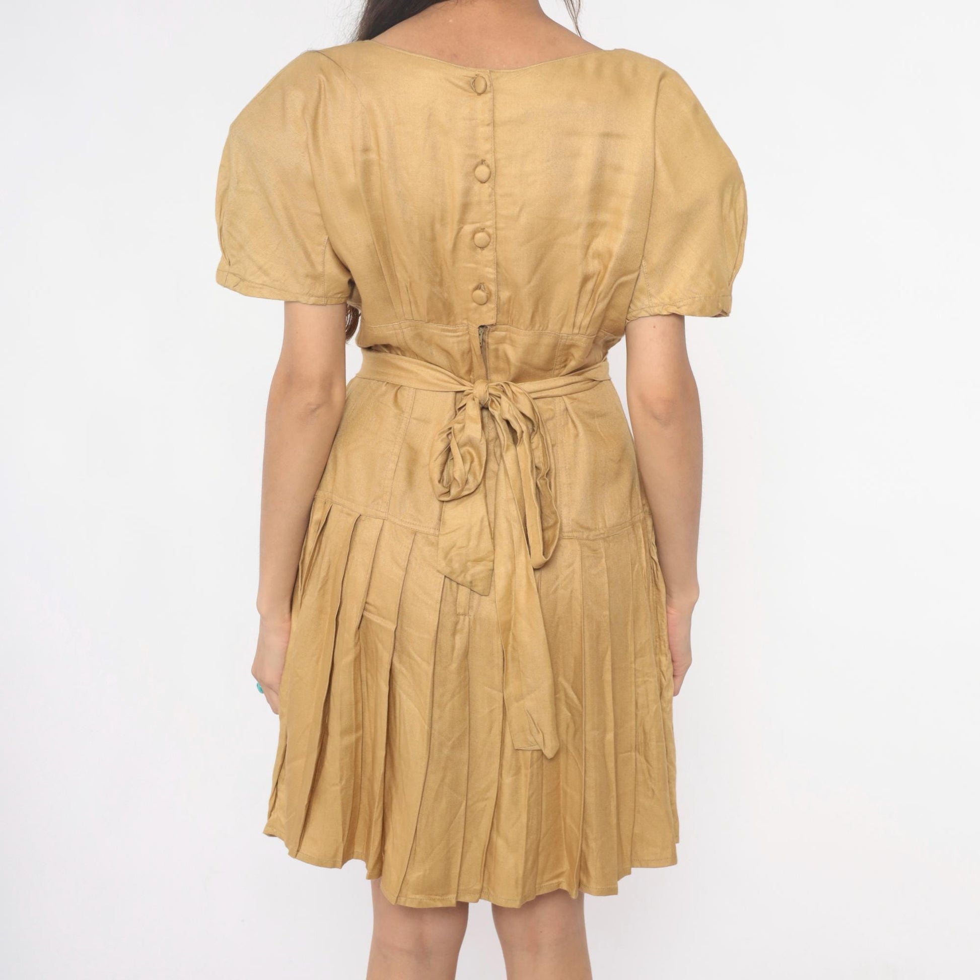 80s Golden Yellow Sundress Puff Sleeve V-Neck Tie Waist Pleated Small S