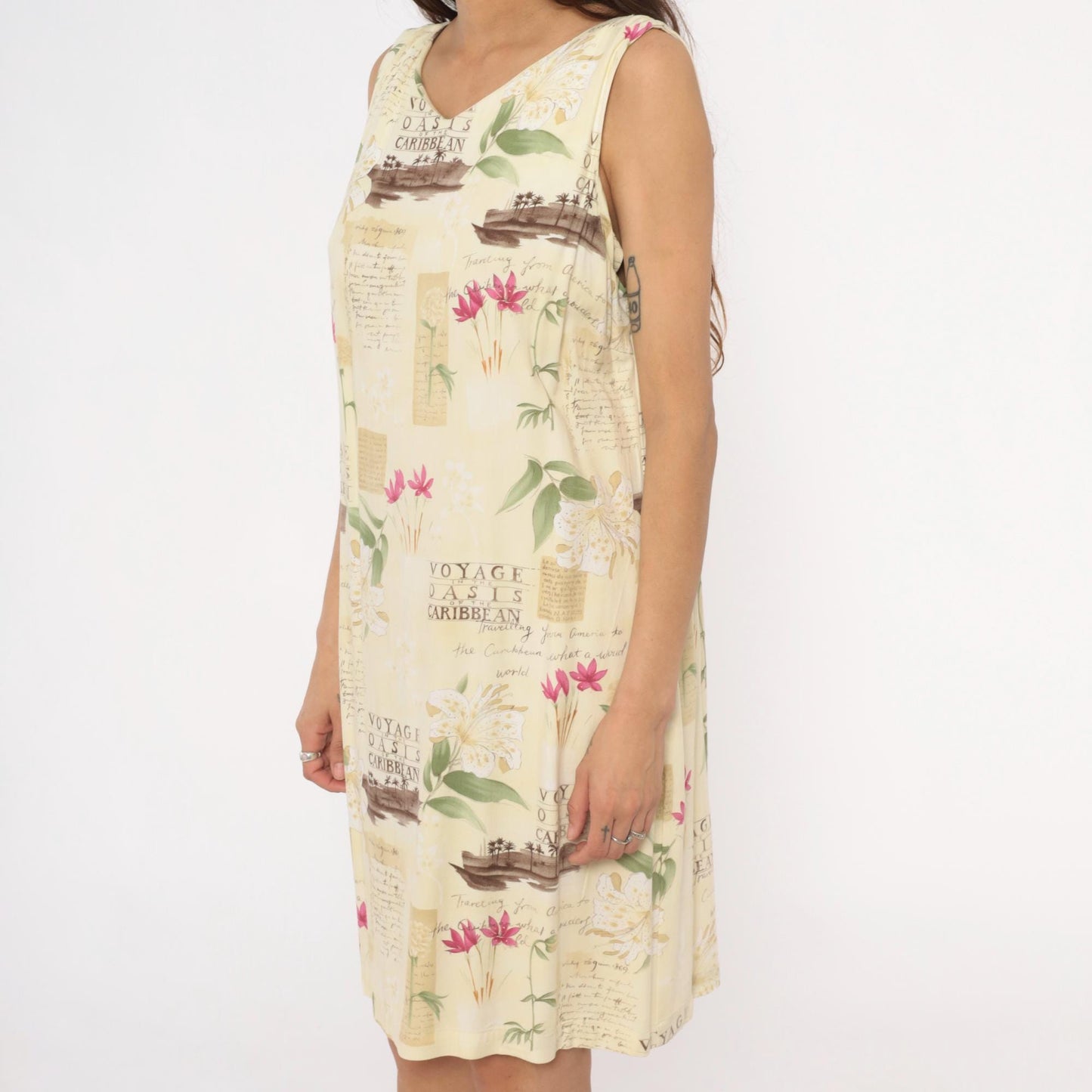 90s Caribbean Joe Tropical Shift Dress Cream Floral Postcard Print Extra Large