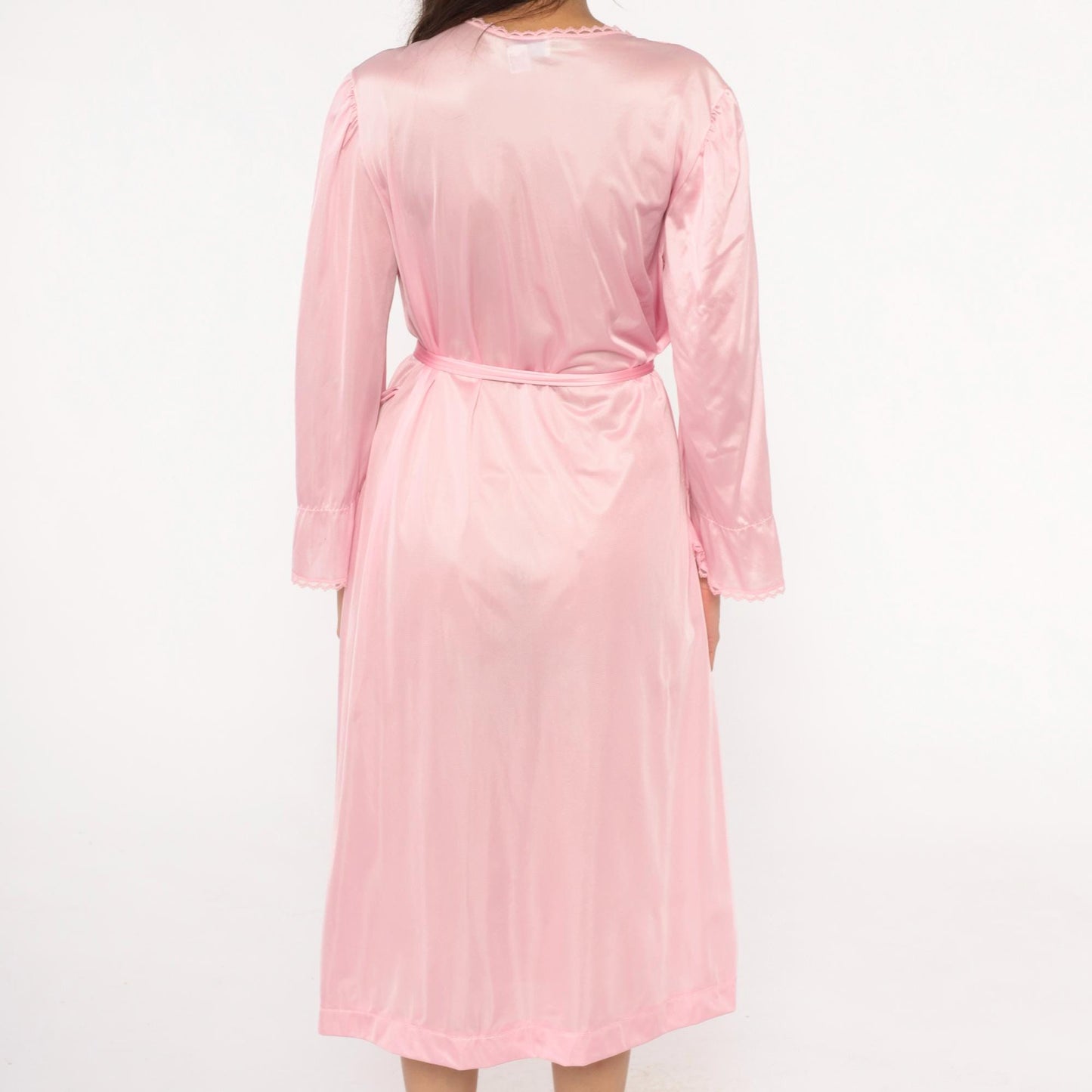 70s Lorraine Pink Lace Wrap Robe V-Neck Tie Front Lingerie Medium M