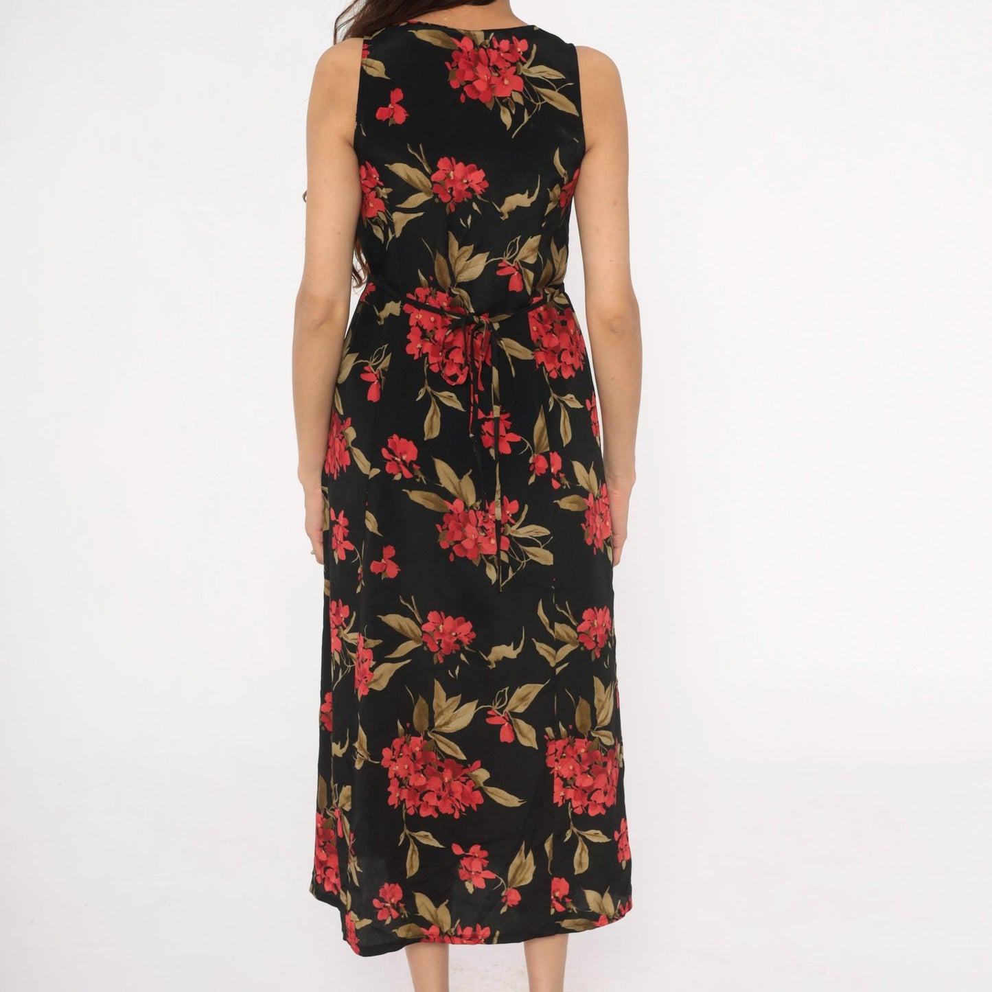 90s Expressions Floral Maxi Dress Black Red Coral Sleeveless V-Neck Medium