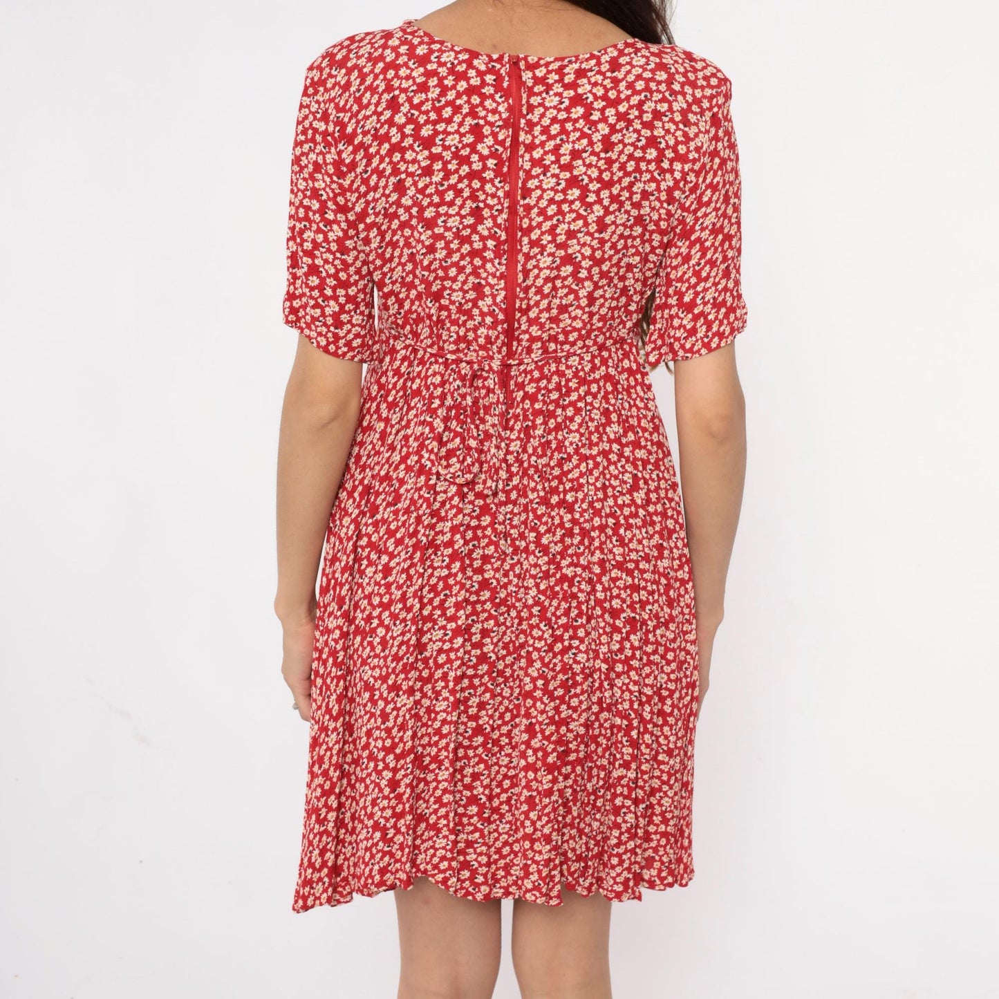 90s Red Daisy Mini Dress Rayon A-Line Scoop Neck Short Sleeve Medium M
