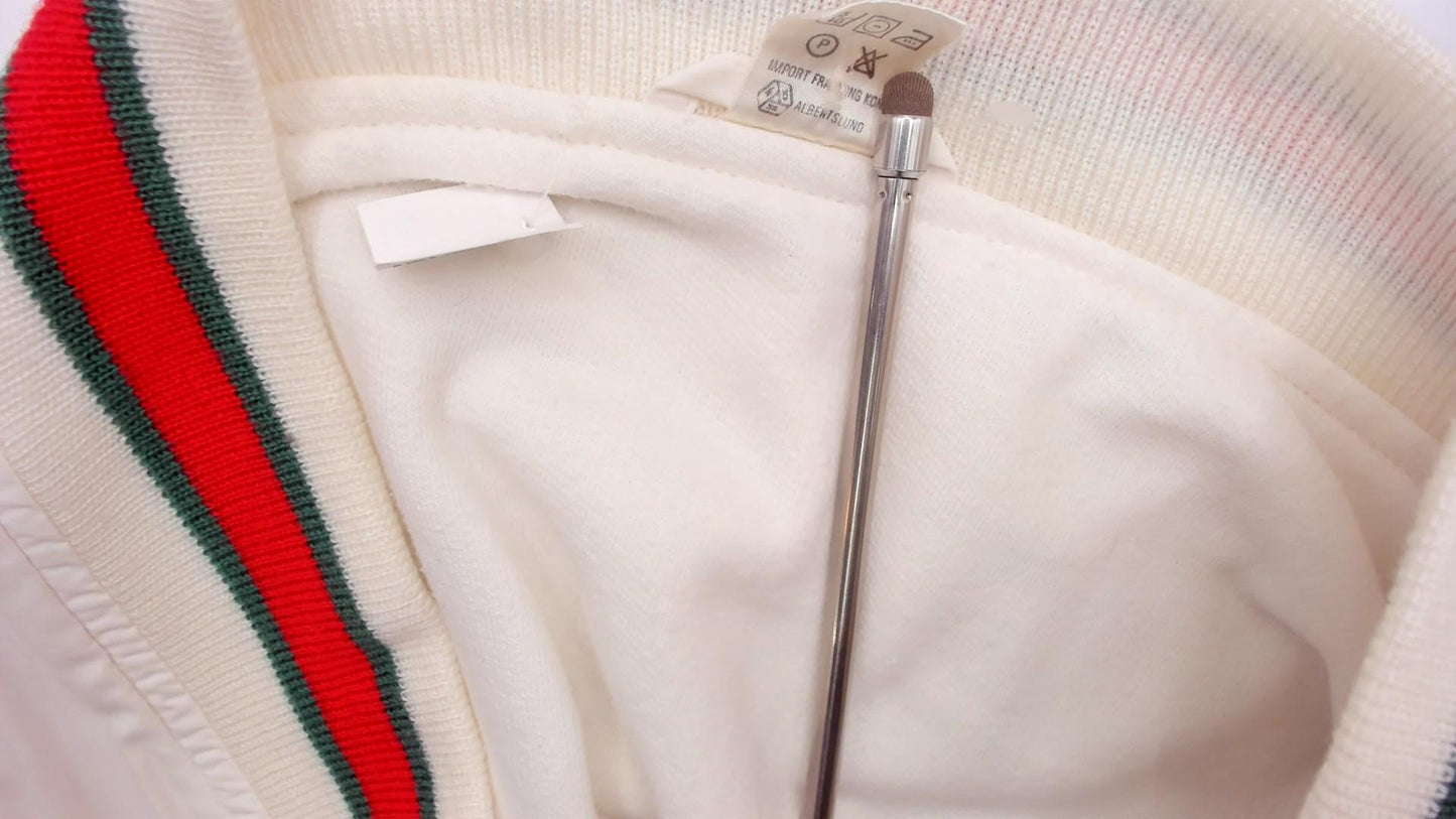 80s Cream Cardigan Red Green Striped Ribbed Trim Cotton Preppy Medium