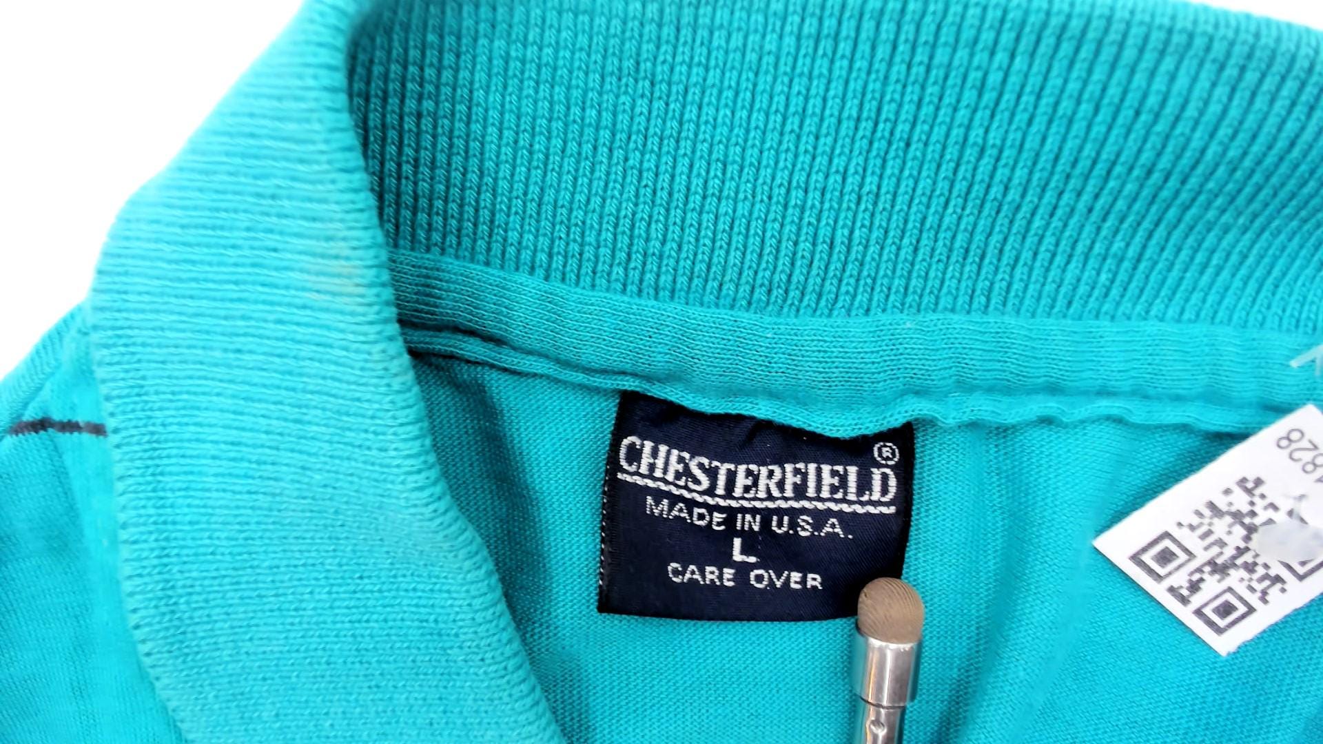 80s Chesterfield Teal Striped Polo Shirt Black Lines Cotton Large L