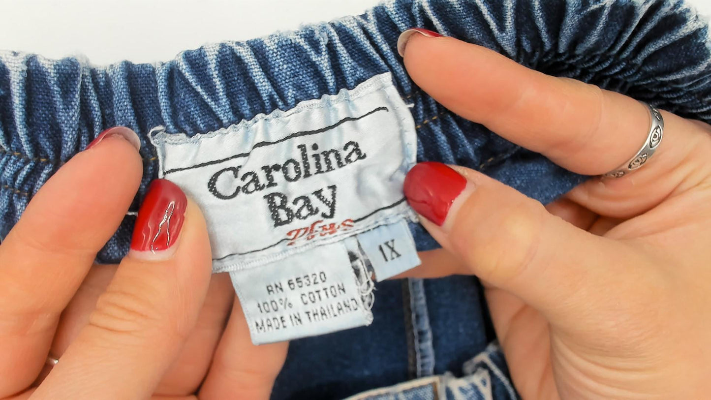 90s Carolina Bay Acid Wash Denim Midi Skirt Floral Embroidered Blue Extra Large XL
