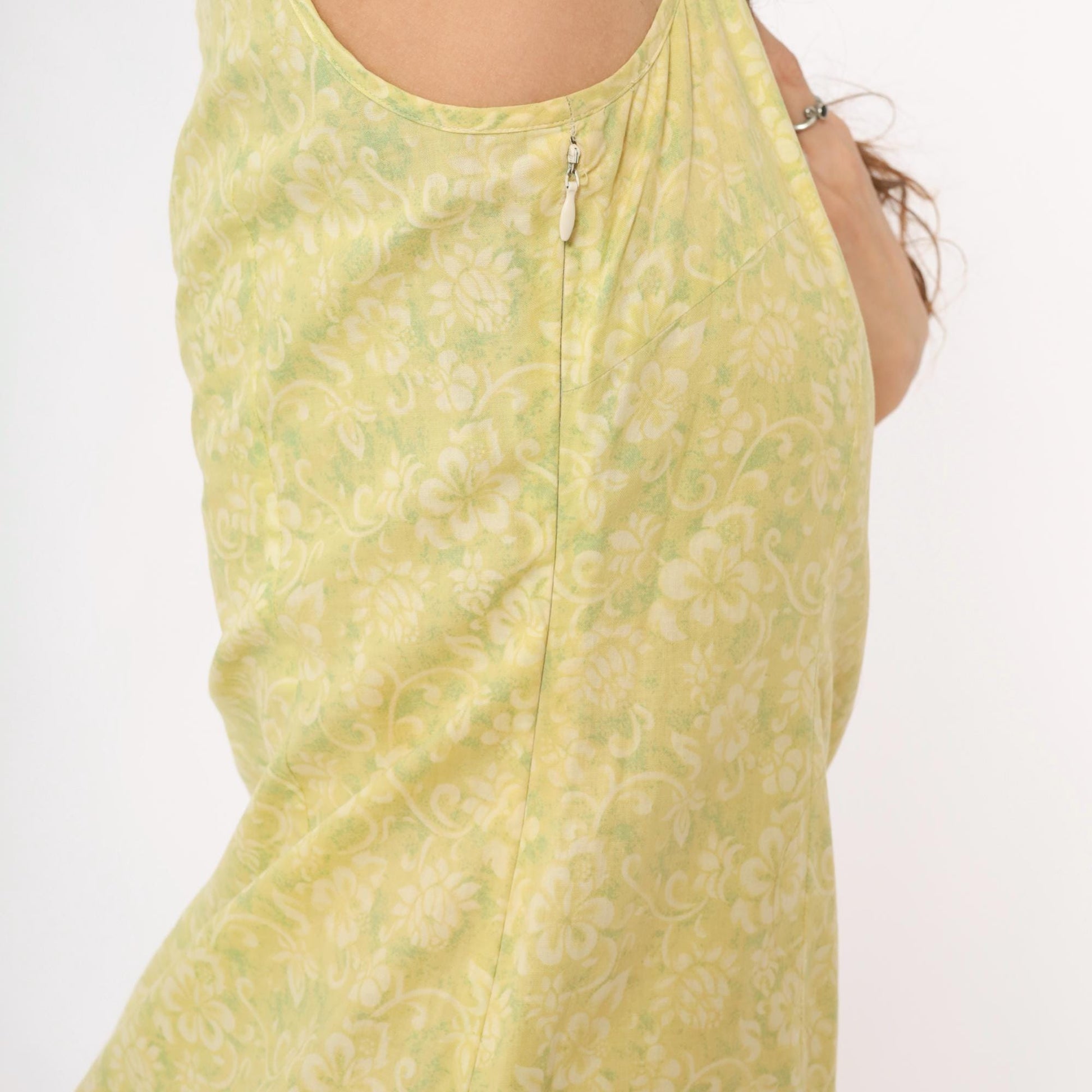 Y2K Yellow Floral Damask Knee-Length Shift Dress Collared Small