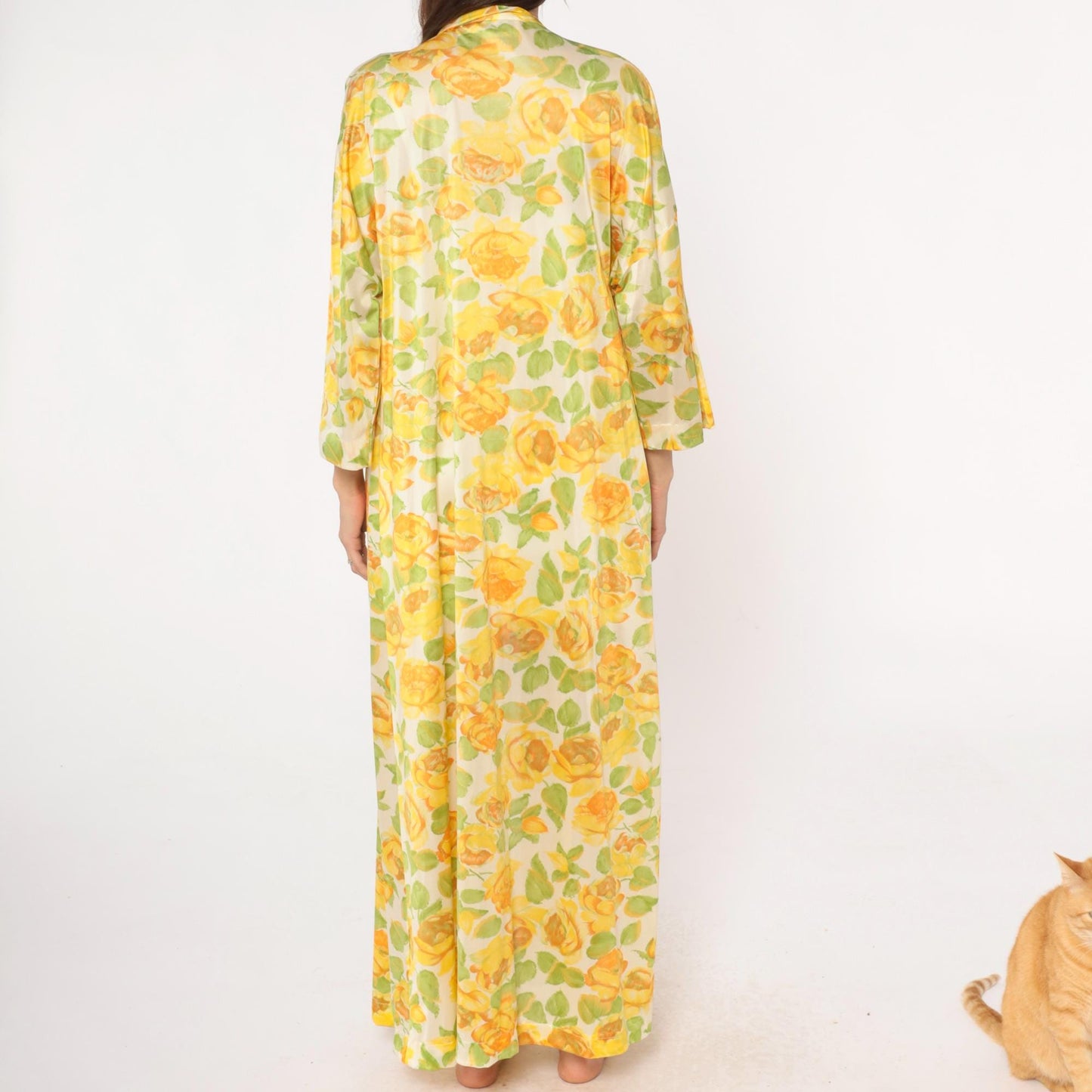 80s Vanity Fair Yellow Rose Floral Robe Maxi Duster Shawl Collar Medium