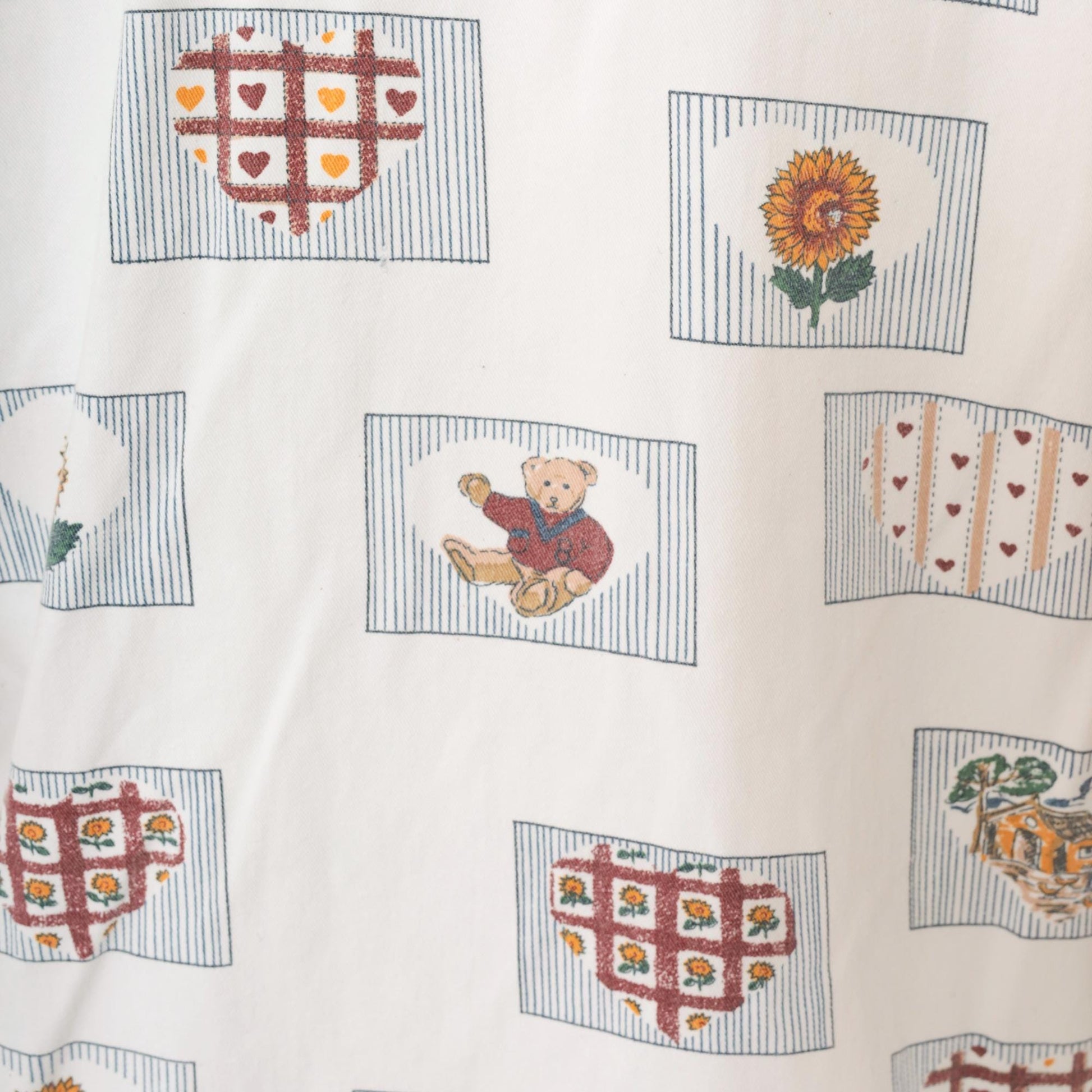 90s Cream Cotton Button-Up Shirt Sunflower Teddy Bear Heart Print Large L