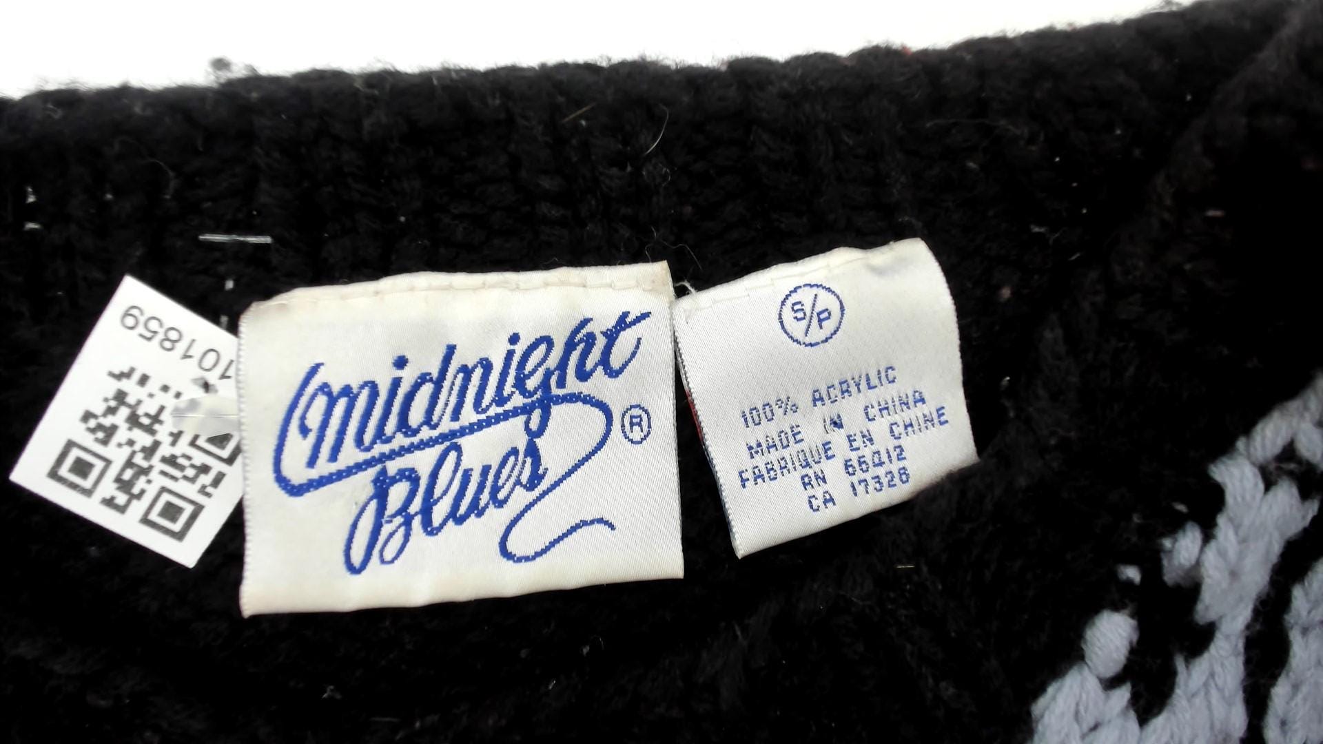 80s Midnight Blues Patchwork Knit Sweater Black Geometric Floral Small