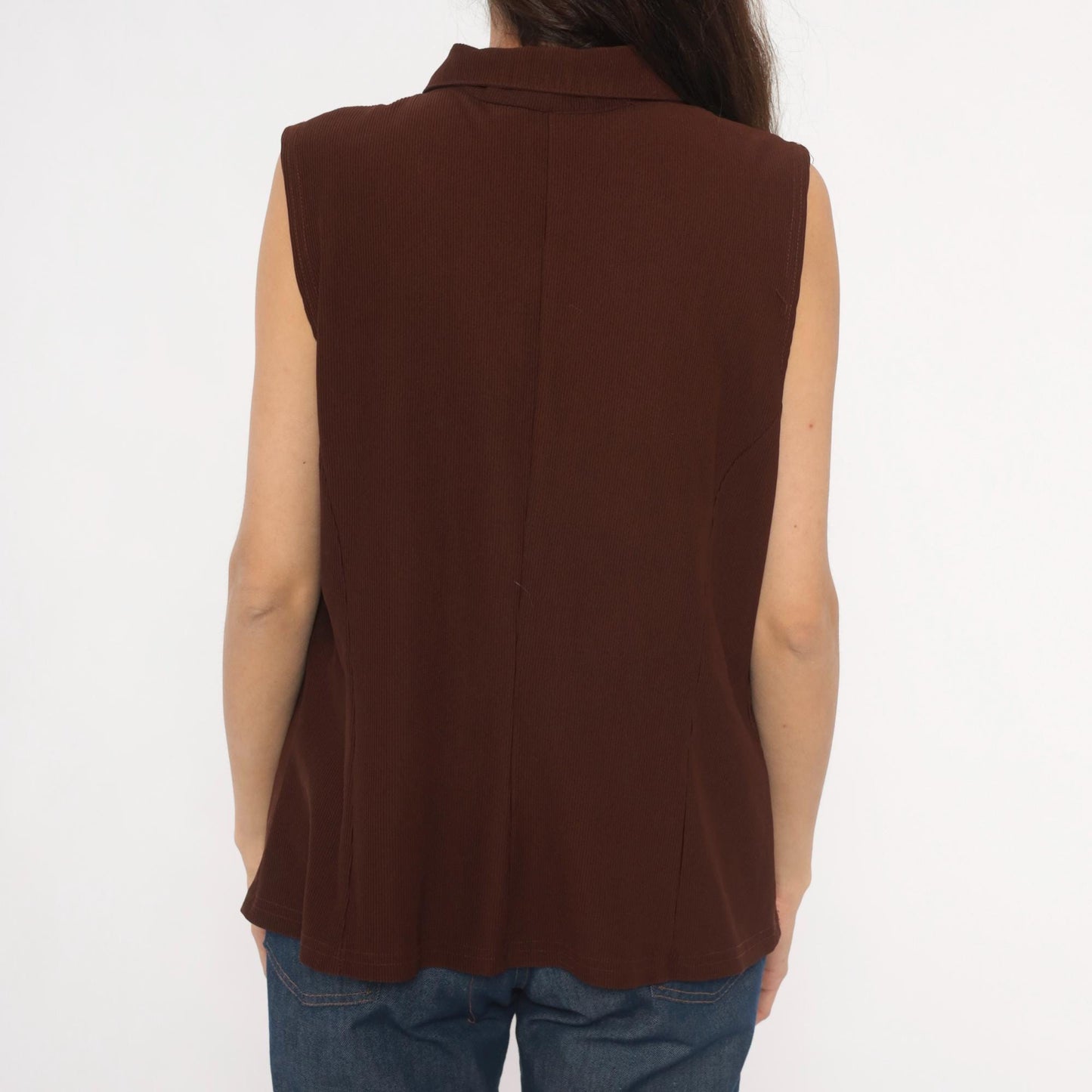 90s New Woman Brown Ribbed Knit Vest Pointed Collar Zip-Front Extra Large XL