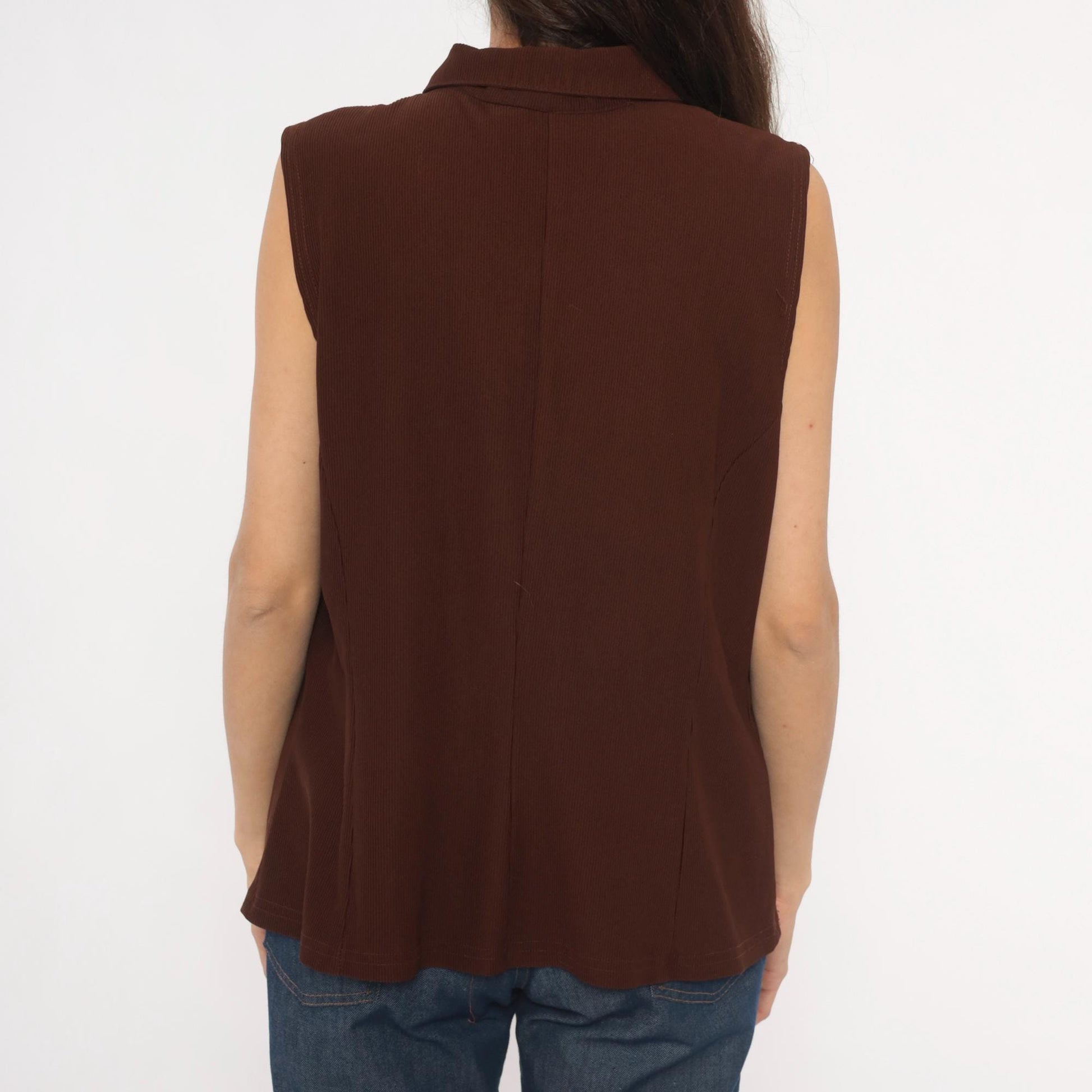 90s New Woman Brown Ribbed Knit Vest Pointed Collar Zip-Front Extra Large XL