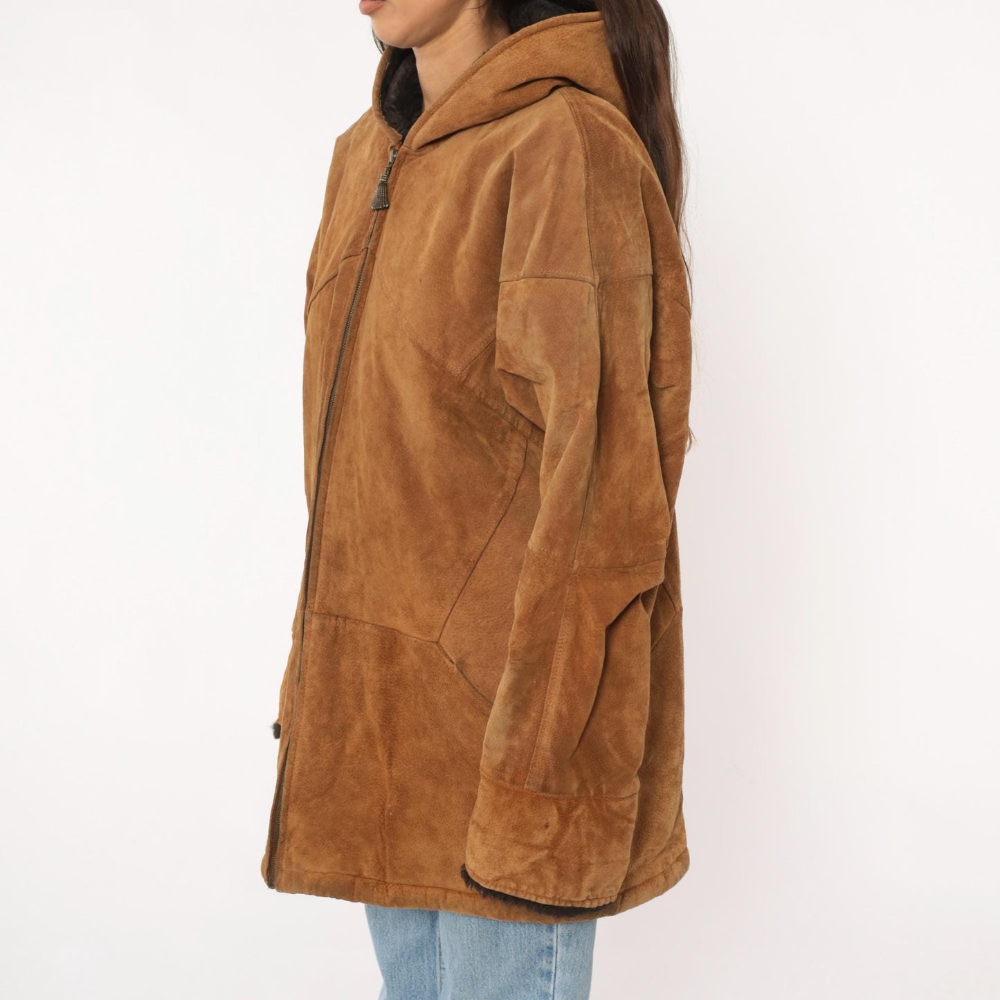 90s Tan Leather Hooded Jacket Faux Fur Lining Black Trim Large L
