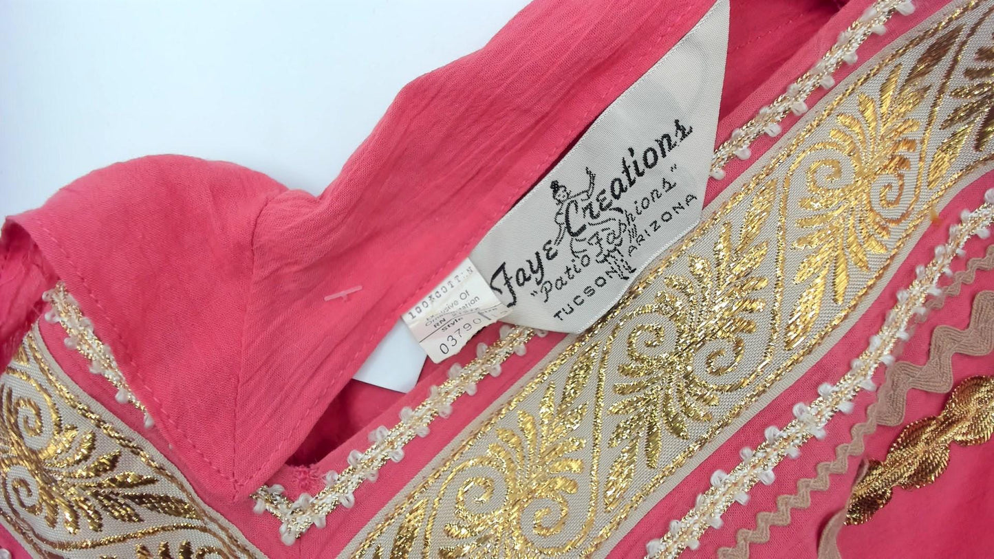 60s Faye Creations Prairie Dress Coral Pink Gold Trim Tiered Cotton Medium M