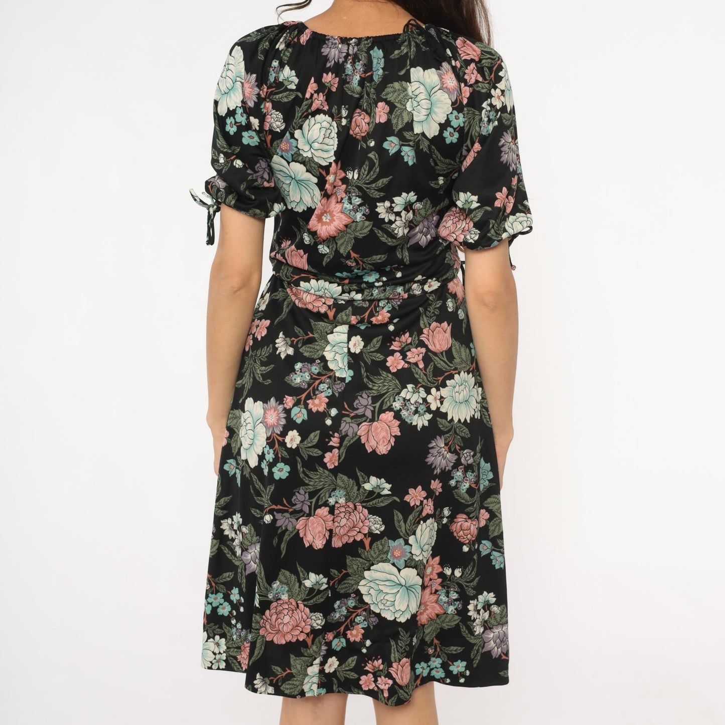 70s Black Floral Midi Dress Mint Pink Coral Tie Sleeve Small