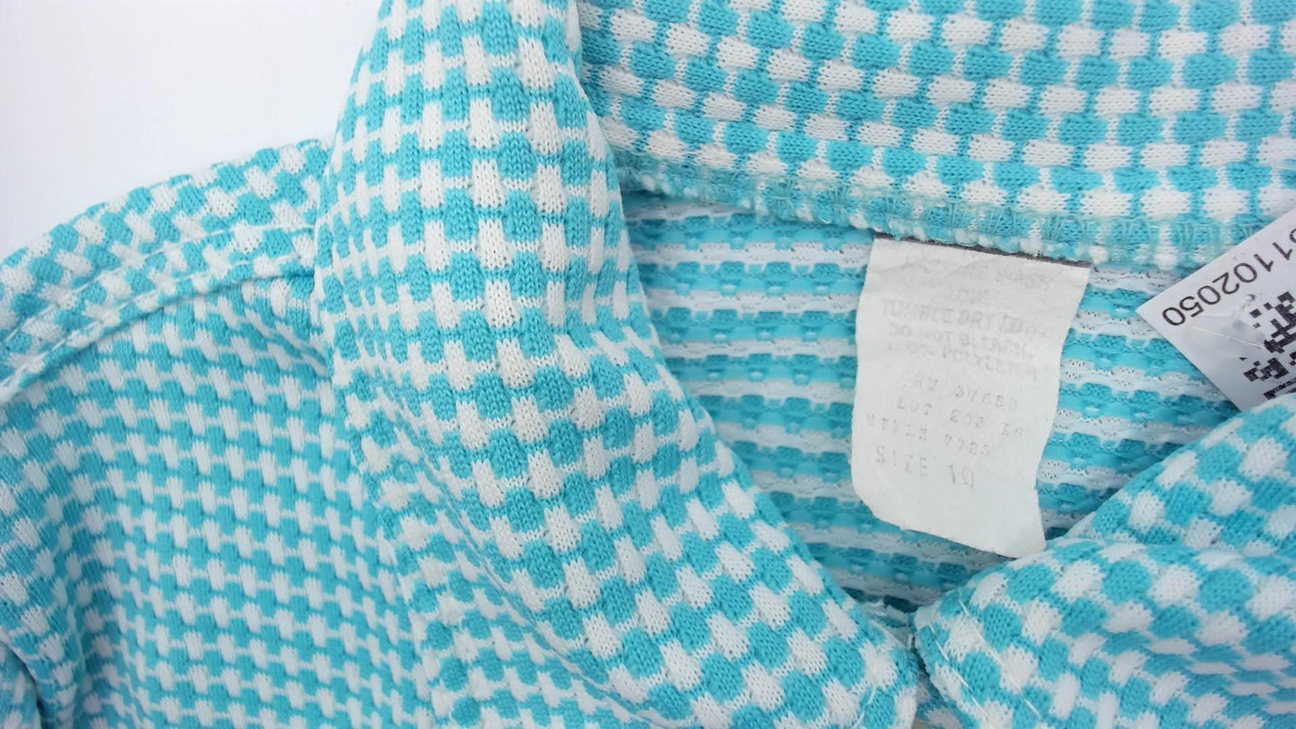 70s Turquoise Gingham Button-Front Shirt Chest Pocket Long Sleeve Small