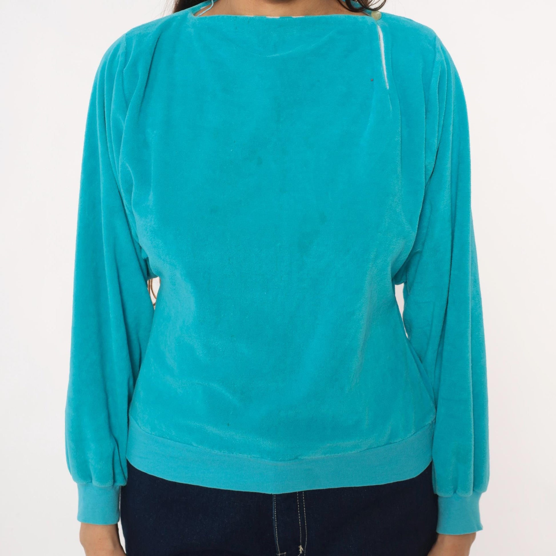 80s Terrycloth Sweatshirt Teal Asymmetrical Neck Striped Collar Pullover Small