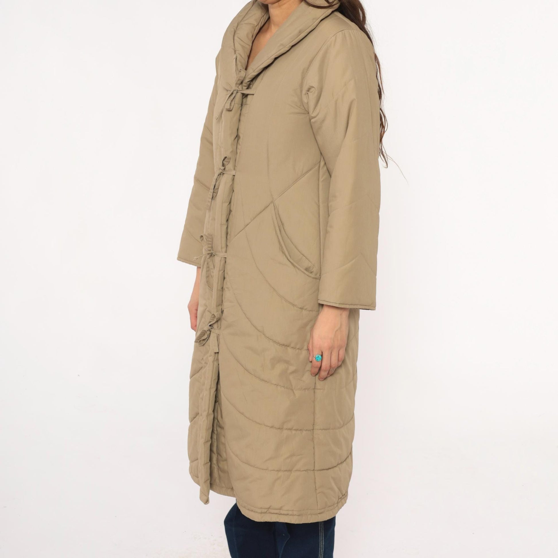 80s Tan Quilted Parka Jacket Chevron Shawl Collar Tie Front Duster Extra Small XS