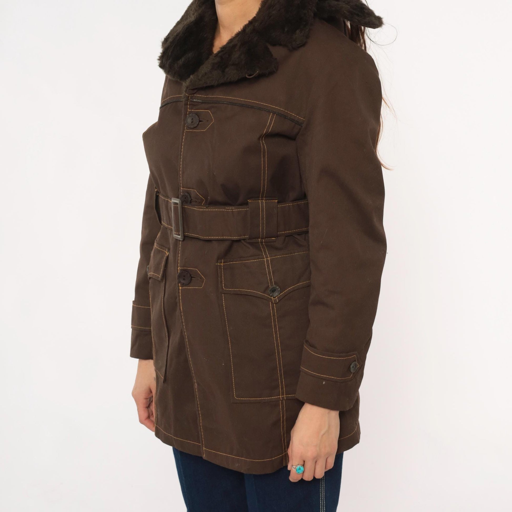 70s McGrégor Brown Parka Detachable Hood Faux Fur Collar Small