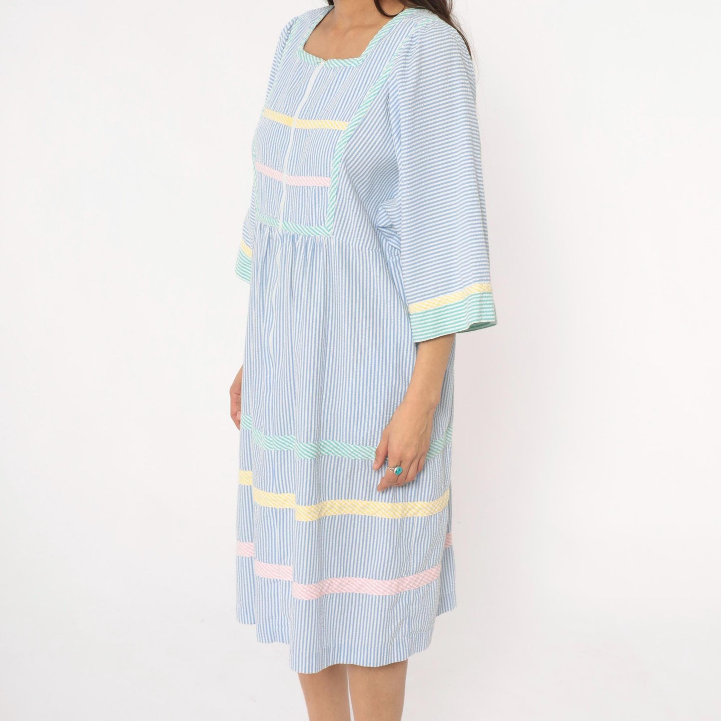 80s Saybury Seersucker Striped Dress Blue White Rickrack Trim Large