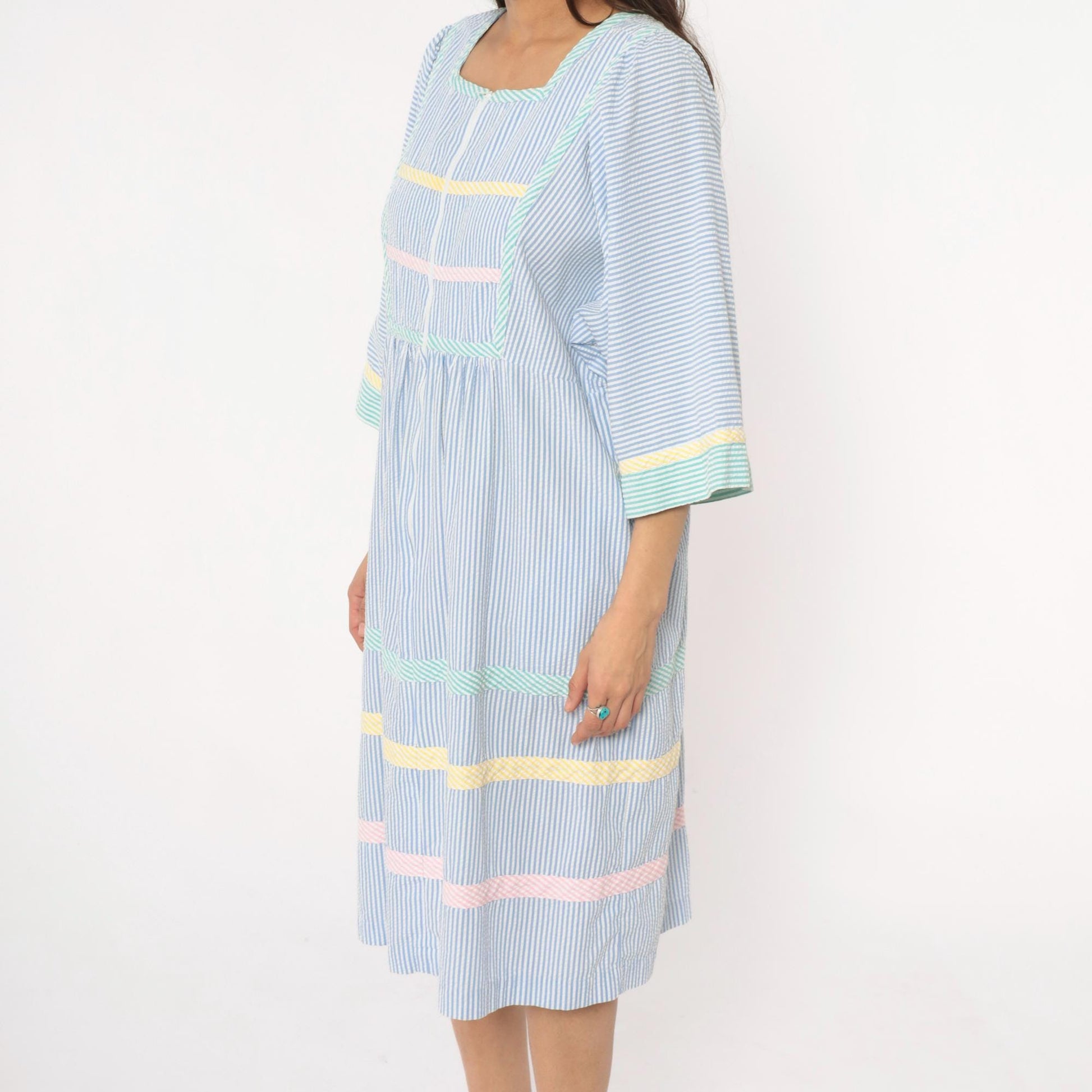 80s Saybury Seersucker Striped Dress Blue White Rickrack Trim Large
