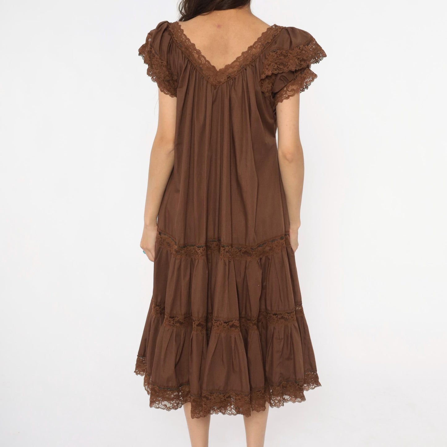 80s Brown Tiered Prairie Dress Lace Trim Cap Sleeve Midi Medium Large