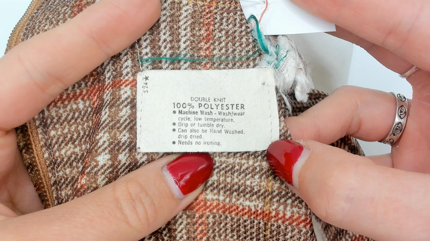 70s Glen Plaid Mini Dress Tan Rust Brown Pointed Collar Long Sleeve Medium M