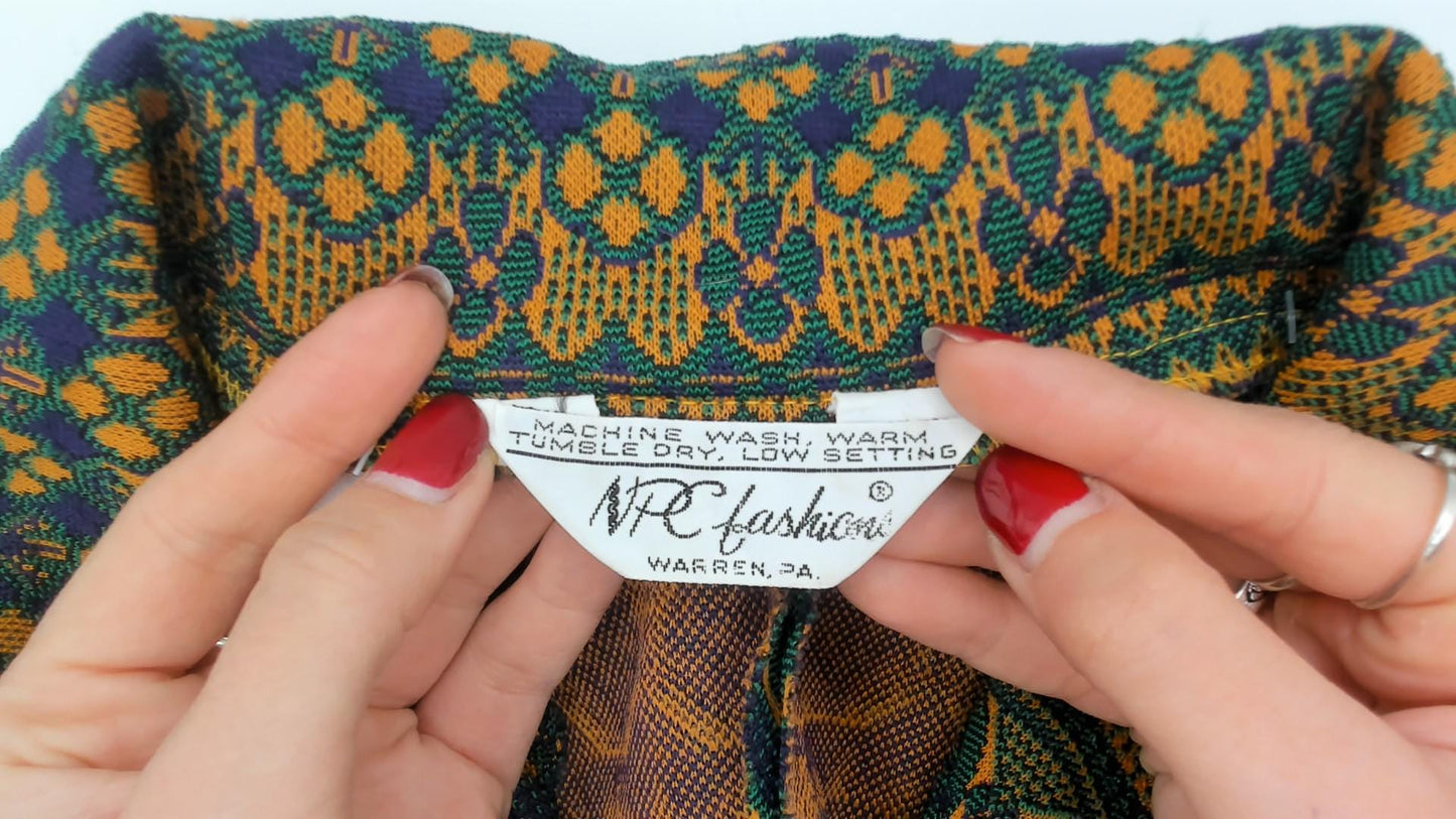 70s NPC Fashions Tapestry Mini Dress Forest Green Gold Jacquard Zip Collar Large L