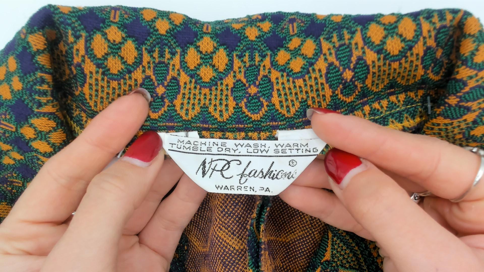70s NPC Fashions Tapestry Mini Dress Forest Green Gold Jacquard Zip Collar Large L