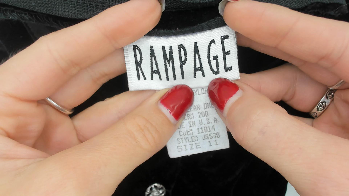 90s Rampage Black Velvet Mini Dress Scoop Neck Rhinestone Bodycon Medium M