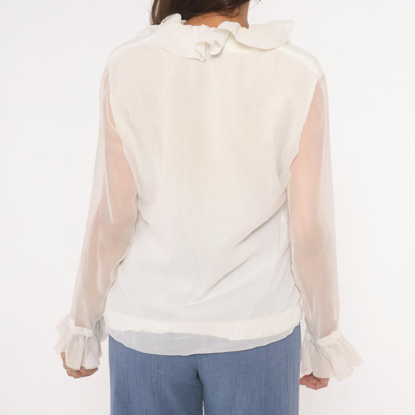 70s Gregory Ruffle Collar Blouse Ivory V-Neck Button Front Sheer Sleeve Medium