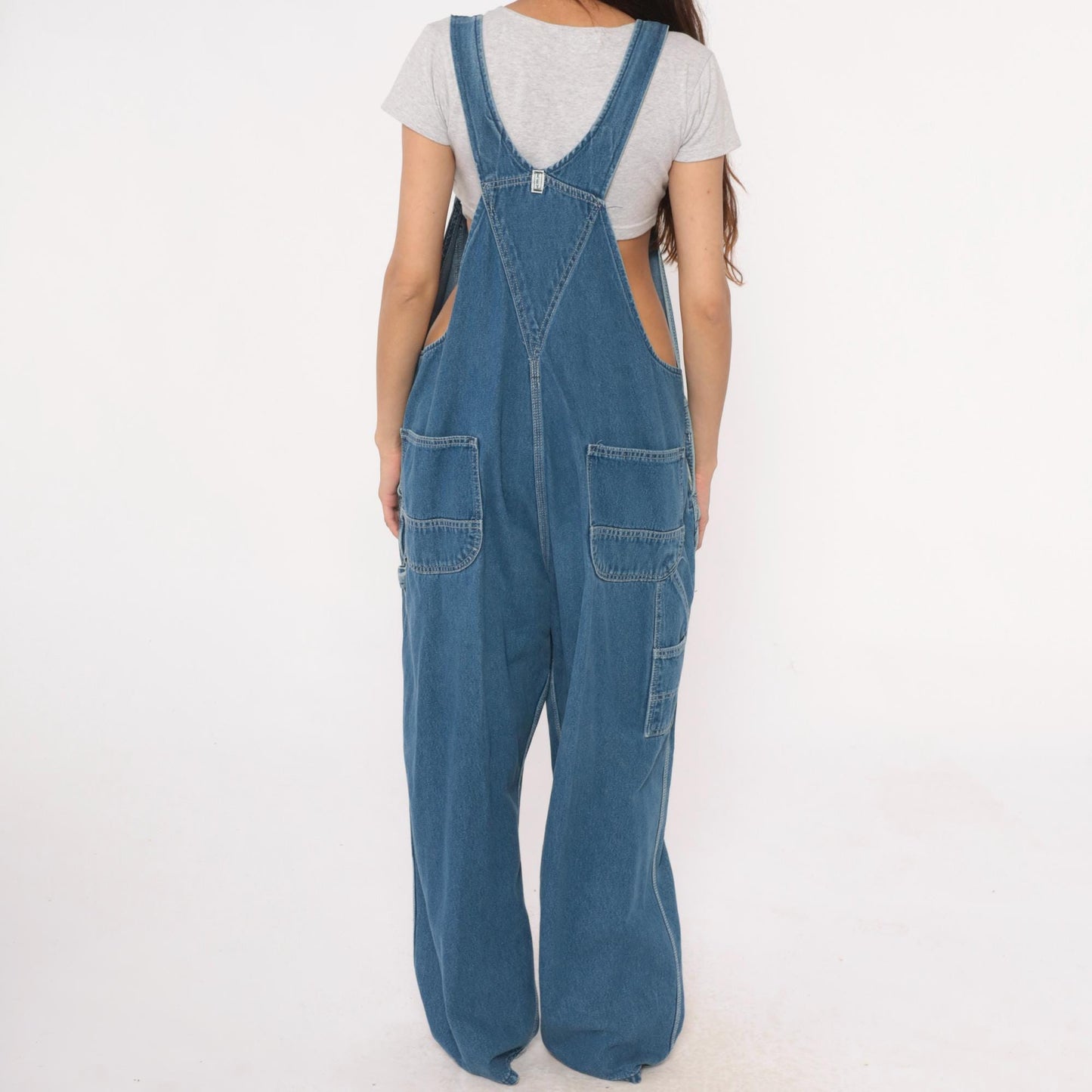 90s Key Denim Overalls Medium Blue Wide Leg Bib Dungarees Utility Pockets