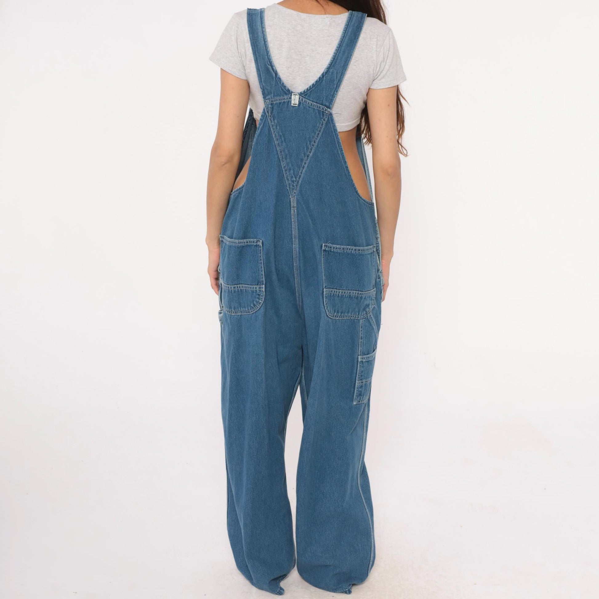 90s Key Denim Overalls Medium Blue Wide Leg Bib Dungarees Utility Pockets