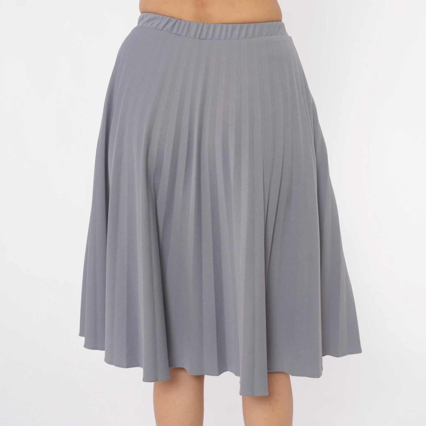 70s Grey Pleated Skirt Elastic Waist Knee-Length A-Line Medium