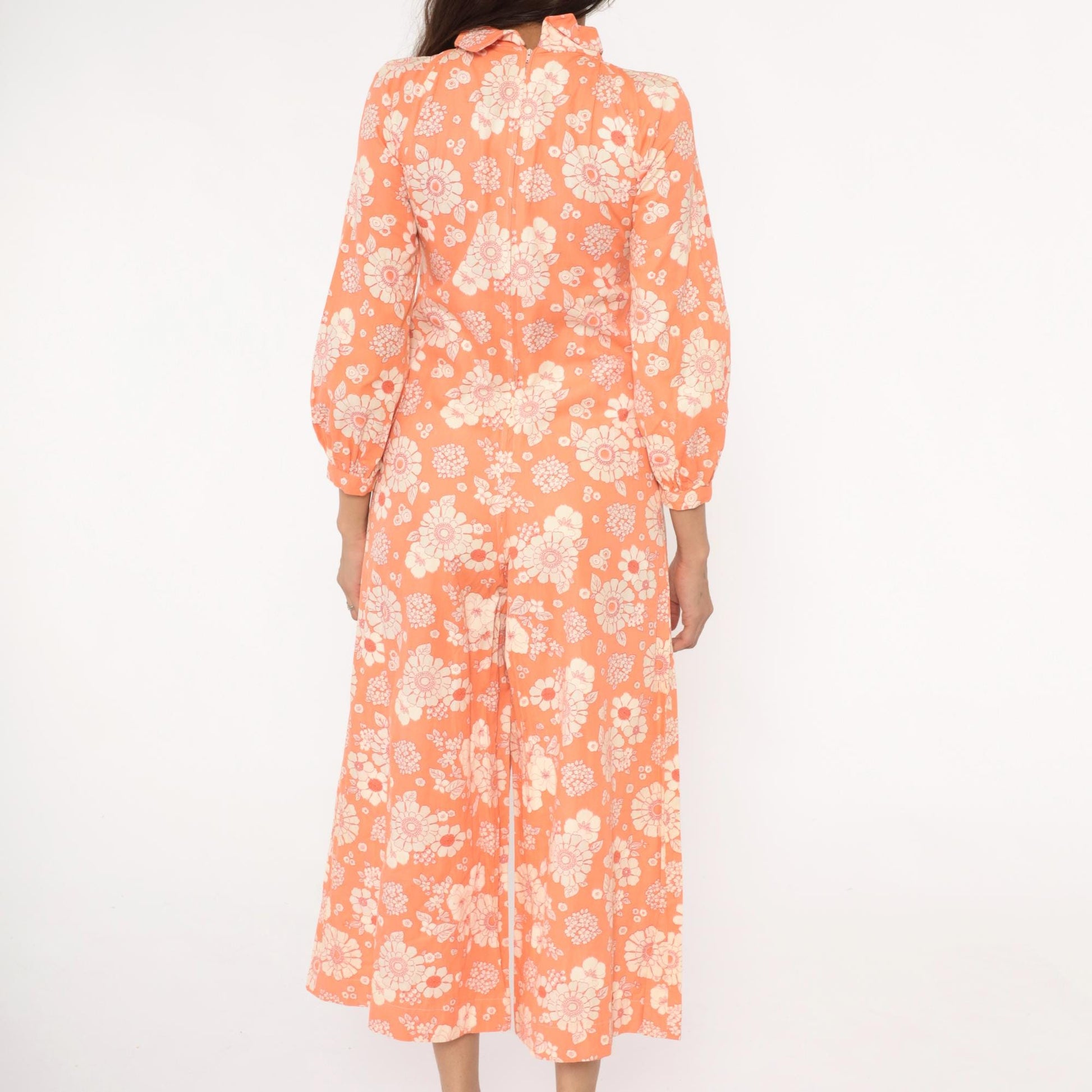 70s Orange Floral Jumpsuit Mock Neck Wide Leg Cream White Cotton Small