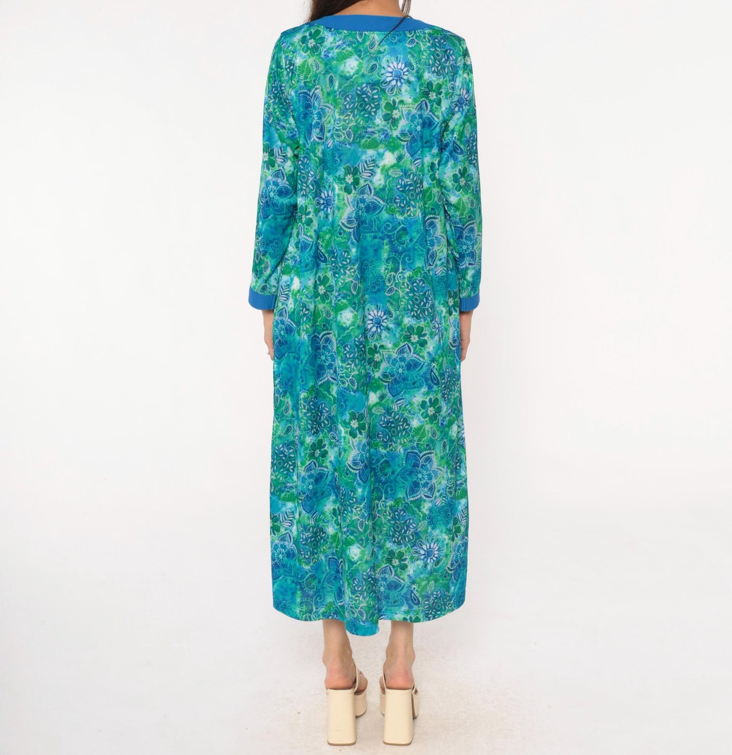 90s Botanical Print Maxi Robe Blue Green Zip Front Long Sleeve Medium M