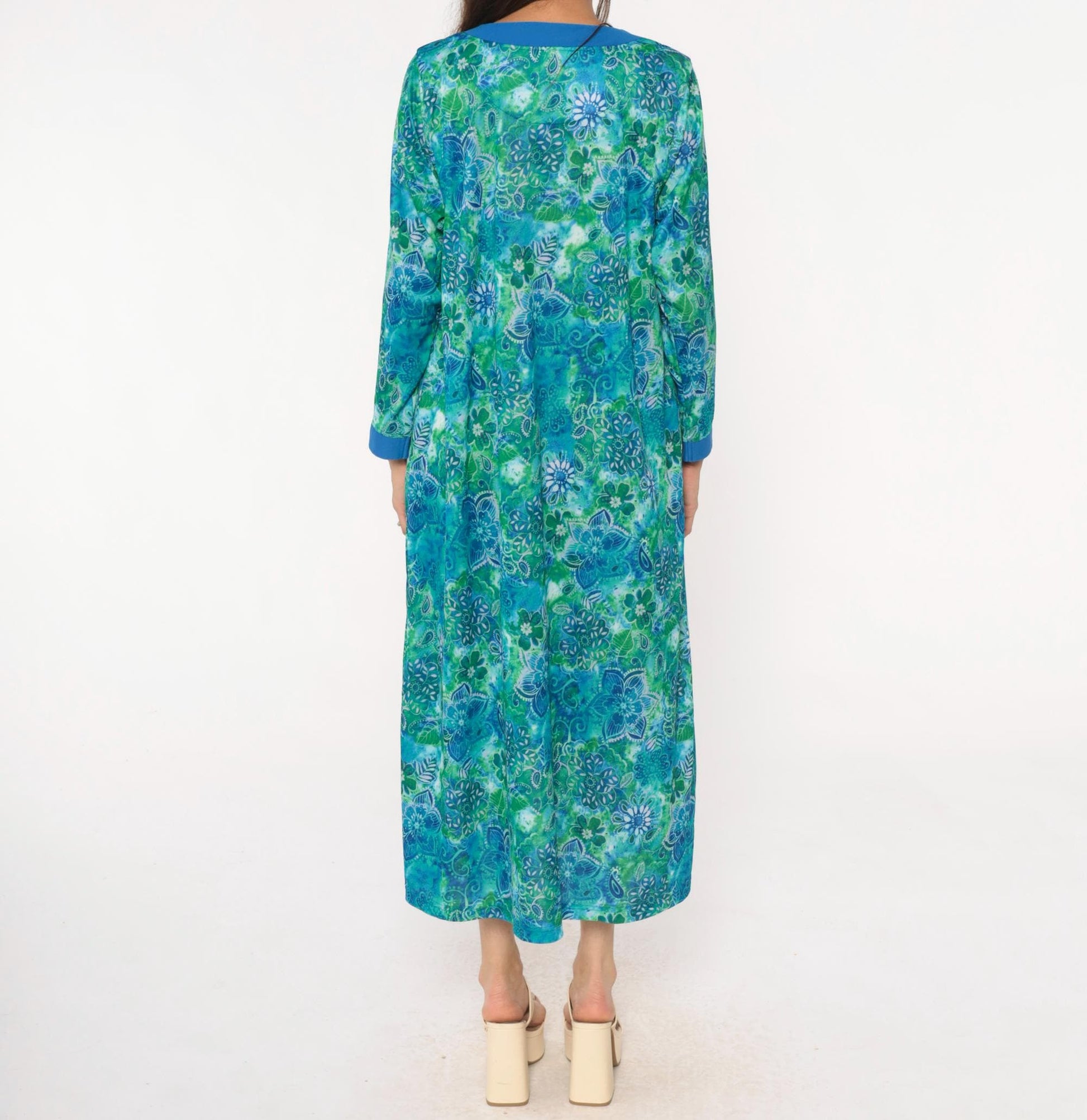 90s Botanical Print Maxi Robe Blue Green Zip Front Long Sleeve Medium M