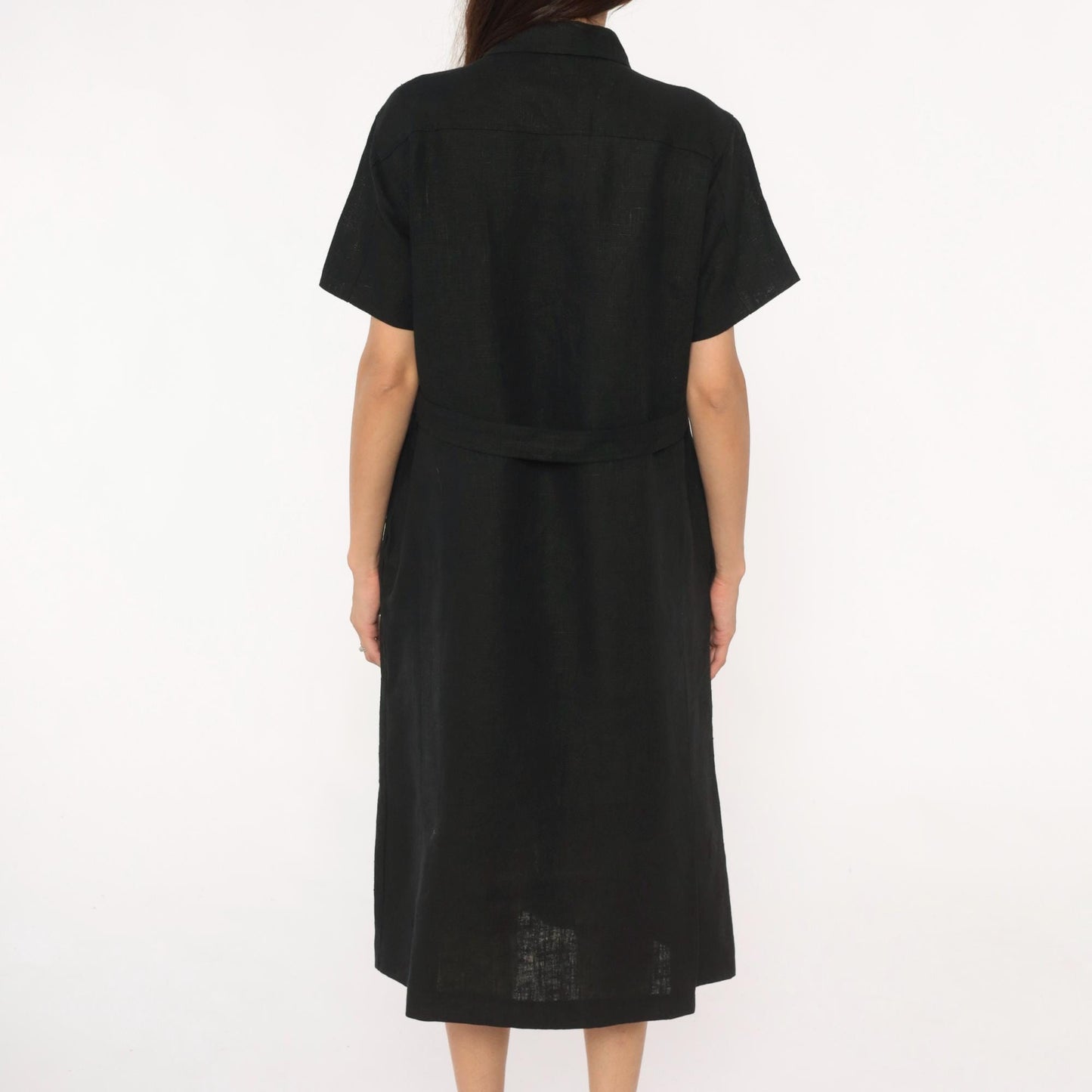 90s Harve Benard Black Linen Midi Shirt Dress Button Front Collar Large L