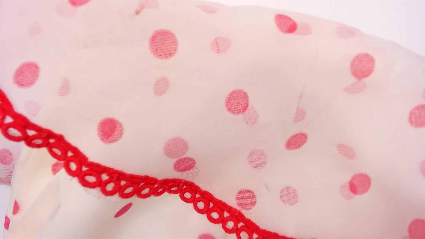 80s Pink White Polka Dot Midi Dress Red Ribbon Ruffle Spaghetti Strap Extra Small