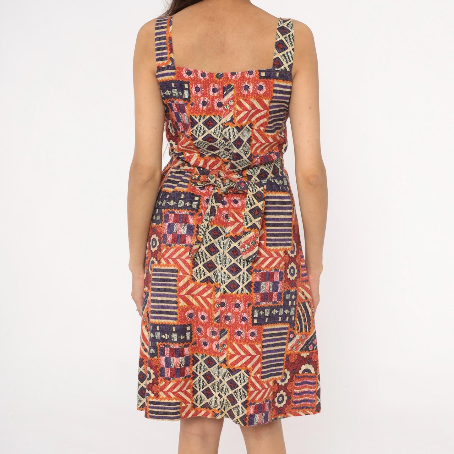 90s Geometric Patchwork Sundress Square Neck Tribal Print Small S