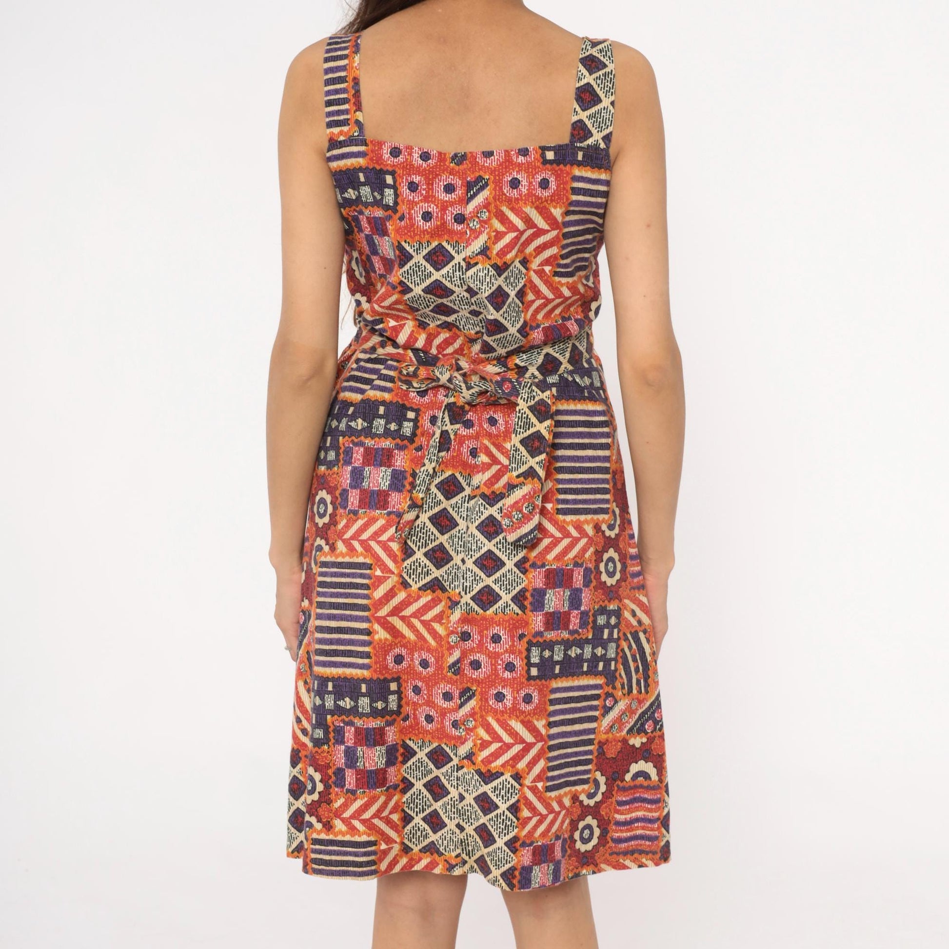 90s Geometric Patchwork Sundress Square Neck Tribal Print Small S