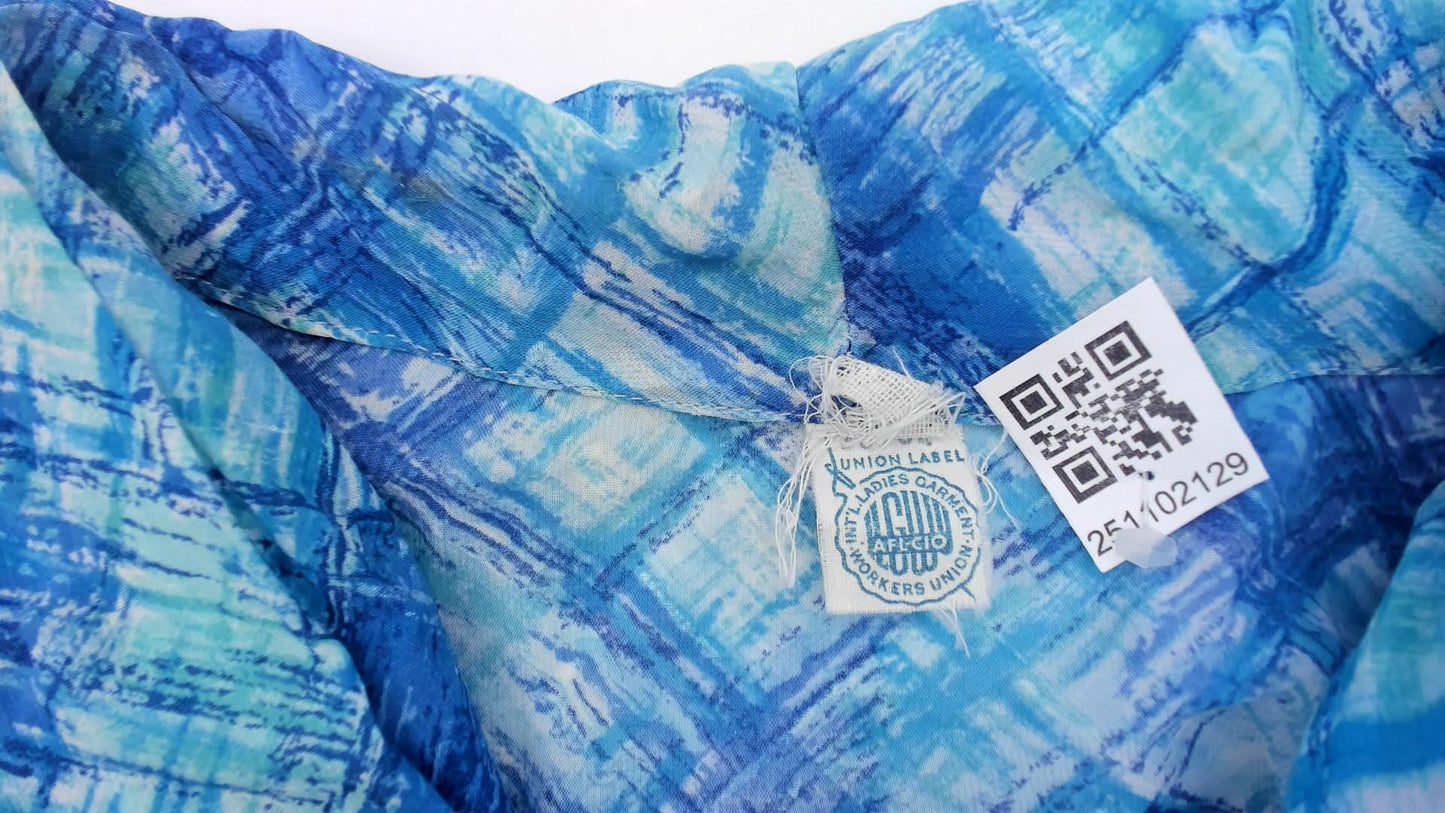 60s Blue Crosshatch Plaid Button-Front Shirtdress Short Sleeve Cotton Large L