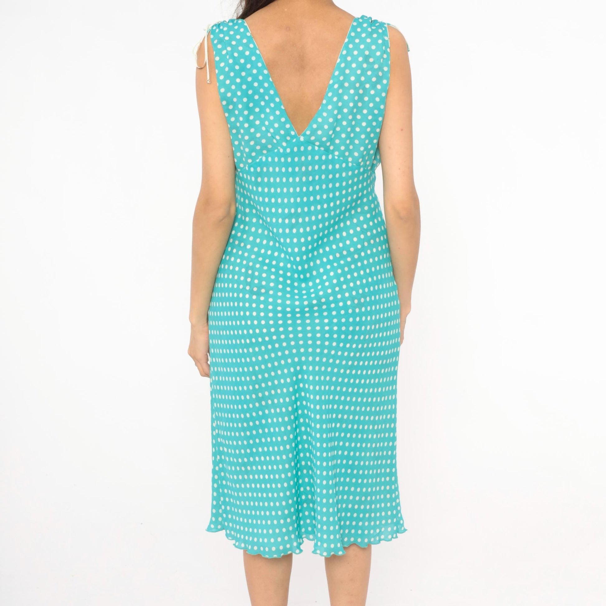 Y2K Reversible Floral Polka Dot Chiffon Dress Turquoise Cream V Neck Tie Shoulder Midi Medium M