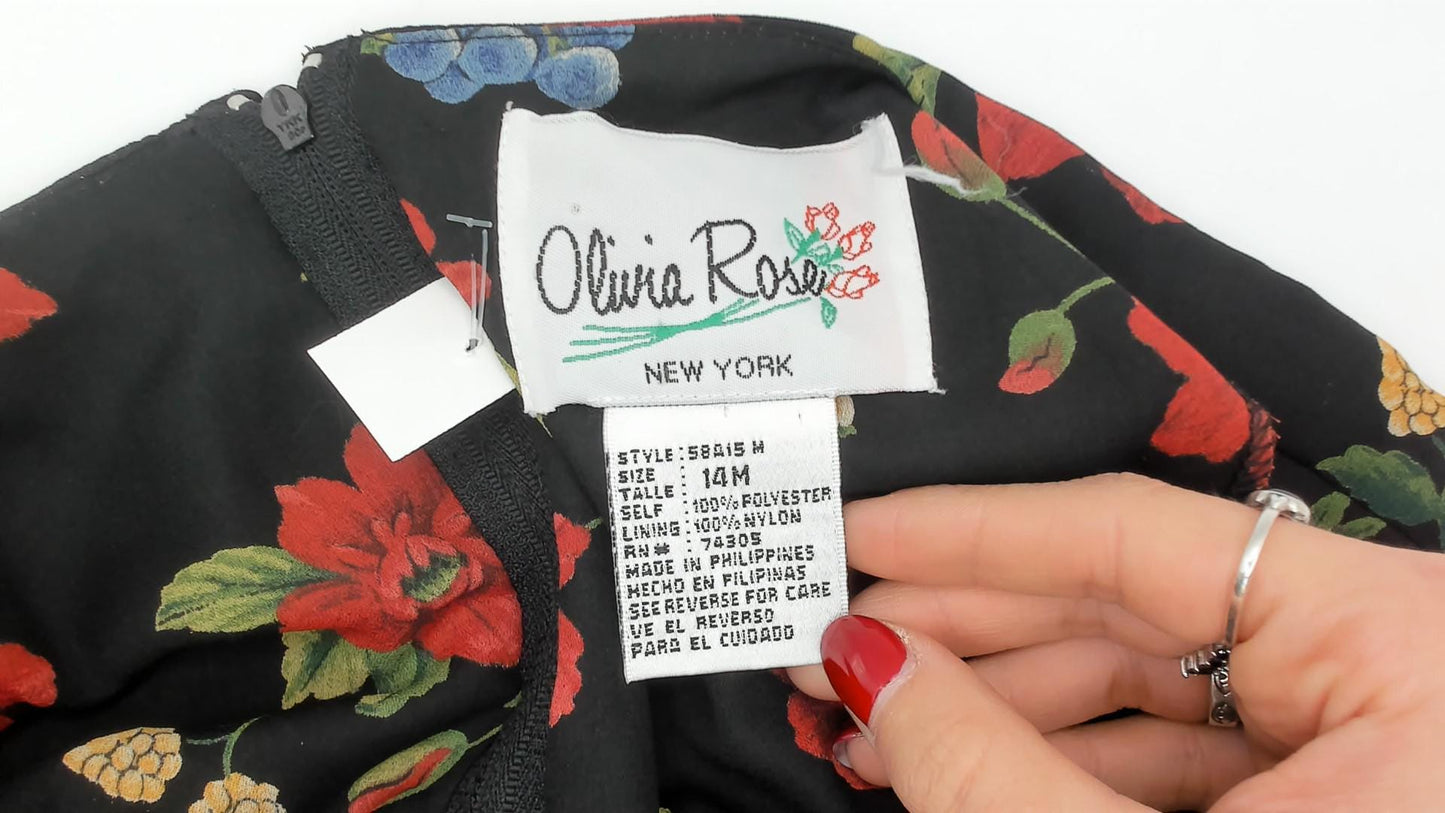 90s Olivia Rose Floral Knee-Length Dress Black Red Grape Print Medium M