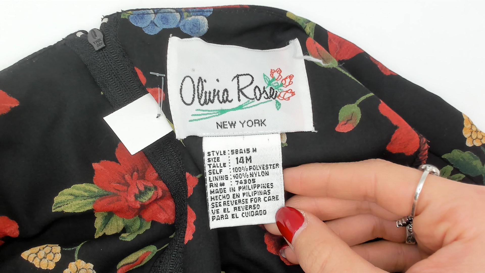 90s Olivia Rose Floral Knee-Length Dress Black Red Grape Print Medium M
