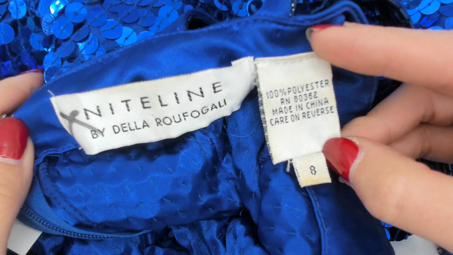 80s Niteline Cobalt Sequin Mini Dress Square Neck Double Strap Small S